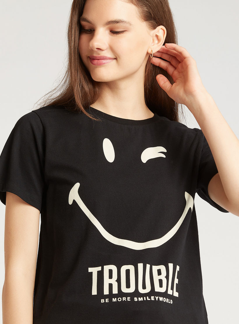 Smiley World Printed T-shirt with Crew Neck and Short Sleeves-women-clothing-tshirts-image-3