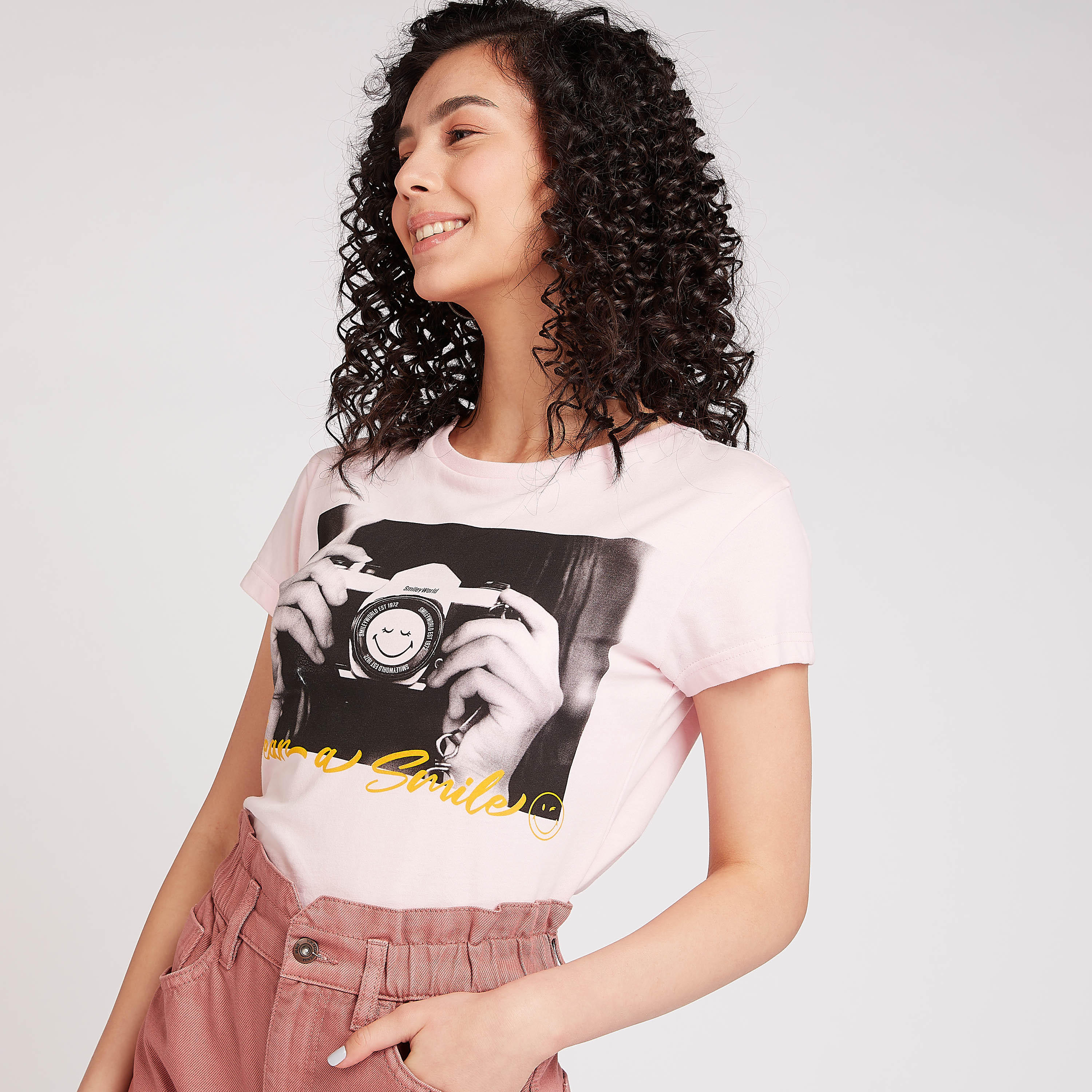 Sustainable Smiley World Printed Crew Neck T-shirt with Cap Sleeves-women-clothing-tshirts-image-1