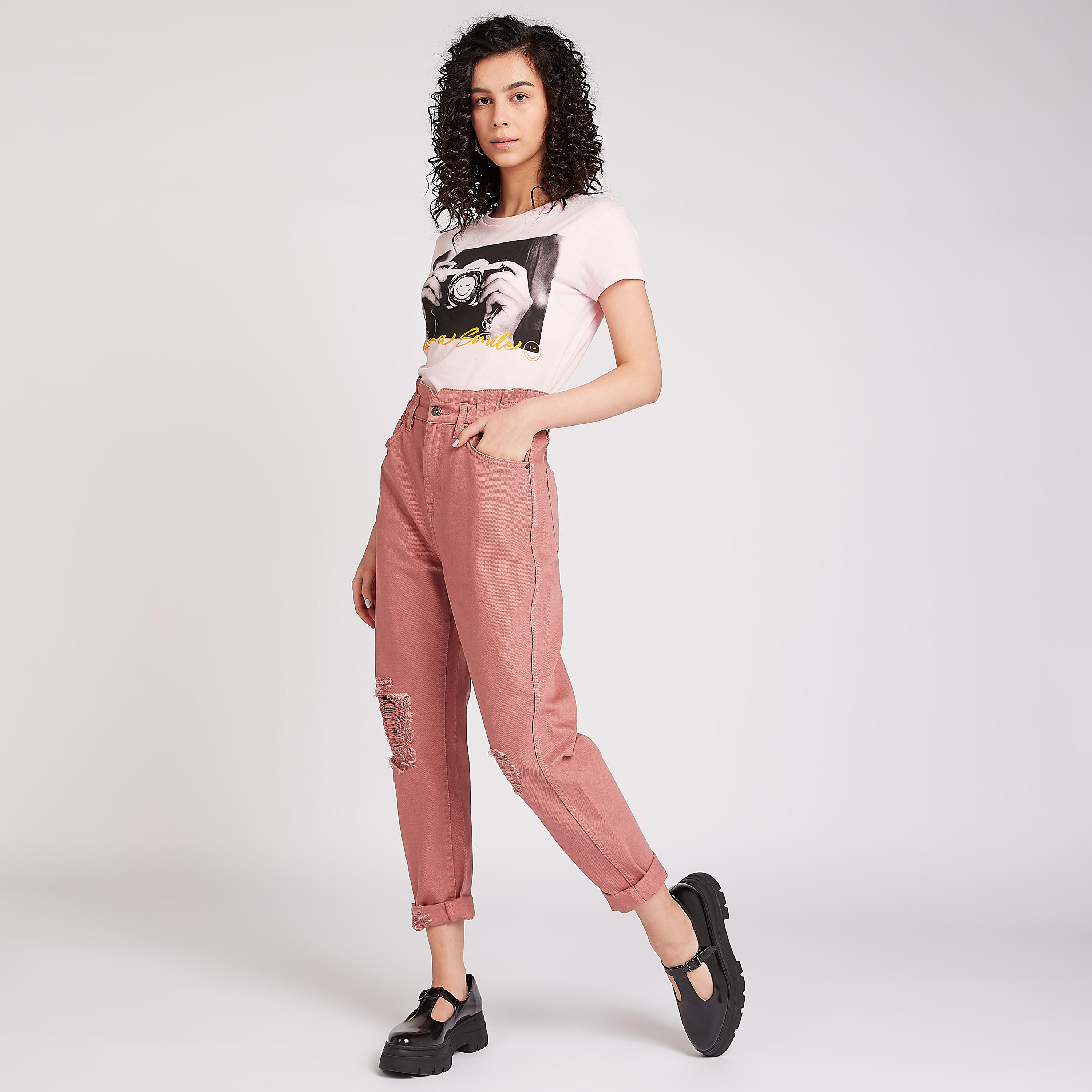 Sustainable Smiley World Printed Crew Neck T-shirt with Cap Sleeves-women-clothing-tshirts-image-2