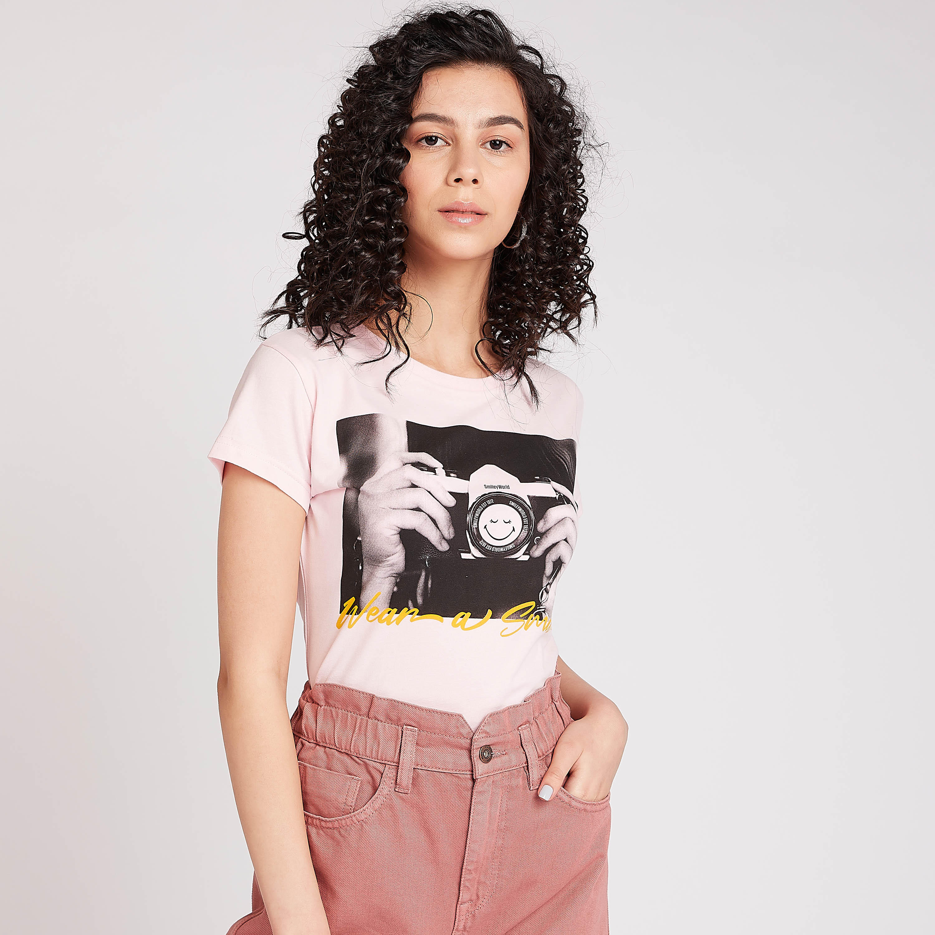 Sustainable Smiley World Printed Crew Neck T-shirt with Cap Sleeves-women-clothing-tshirts-image-3