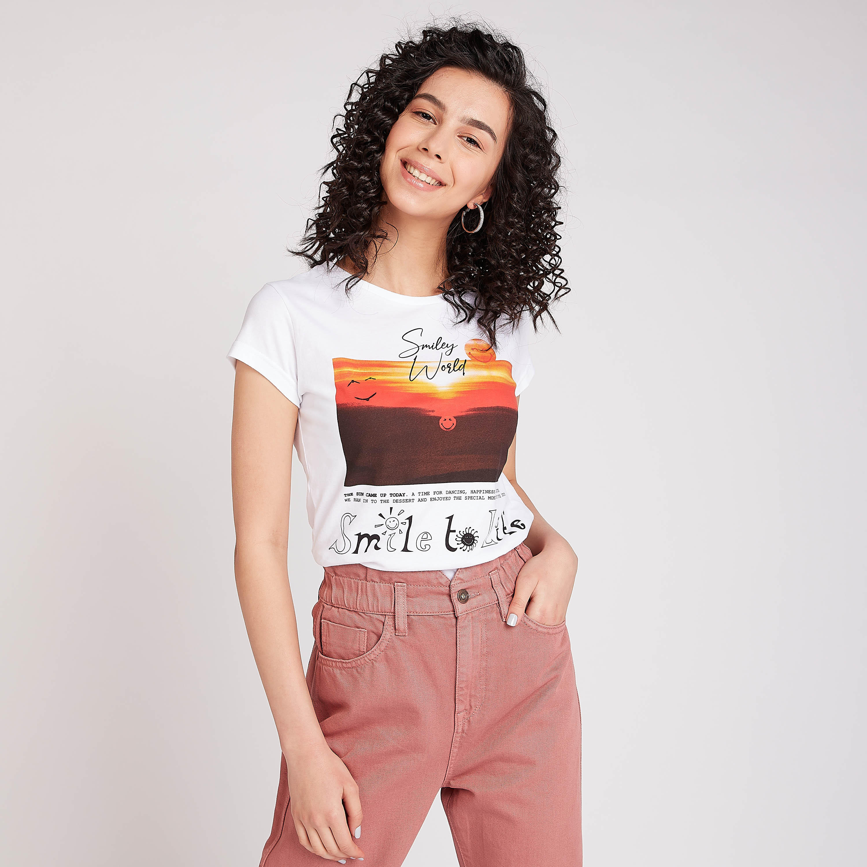 Sustainable Smiley World Printed Crew Neck T-shirt with Cap Sleeves-women-clothing-tshirts-image-1