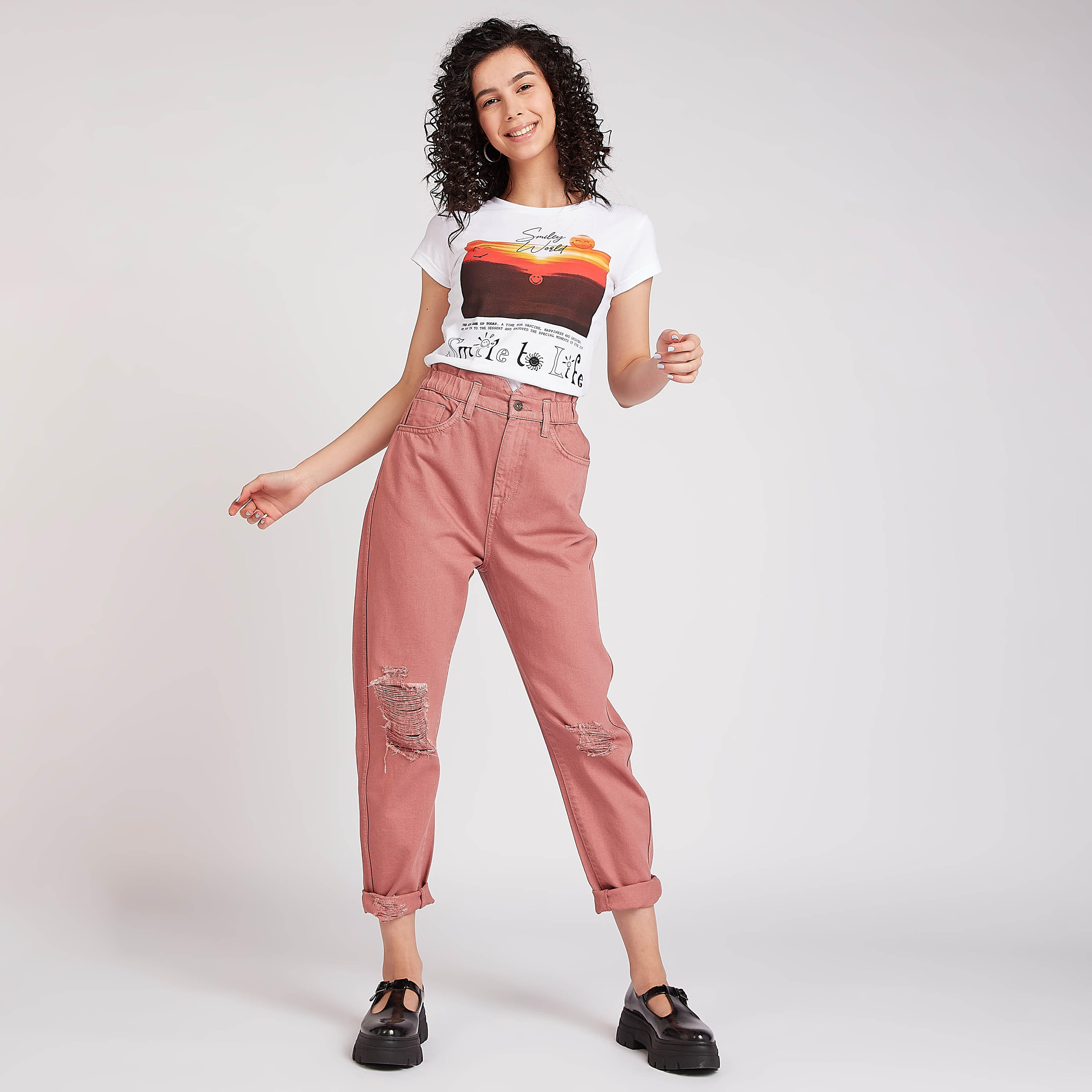 Sustainable Smiley World Printed Crew Neck T-shirt with Cap Sleeves-women-clothing-tshirts-image-2