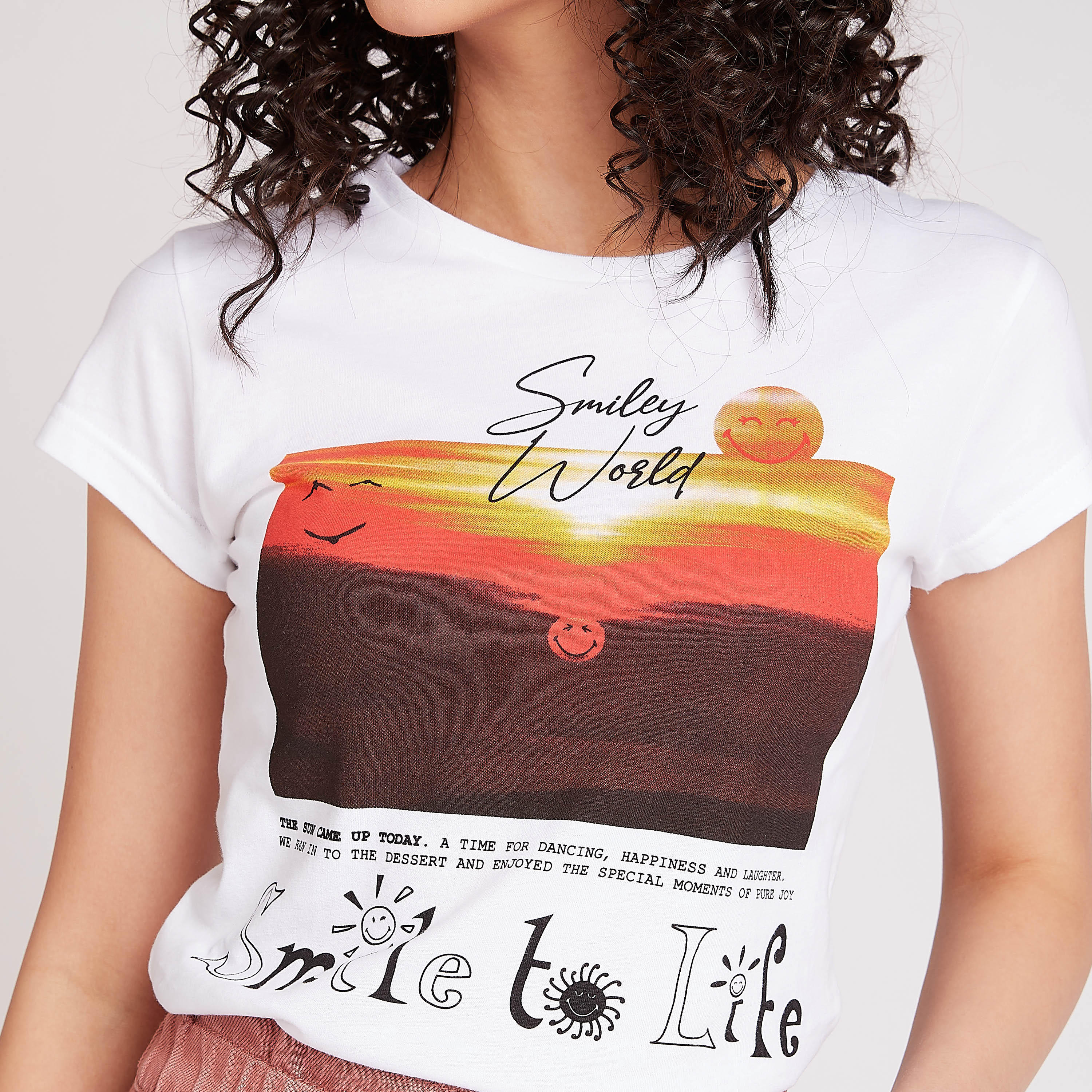 Sustainable Smiley World Printed Crew Neck T-shirt with Cap Sleeves-women-clothing-tshirts-image-3