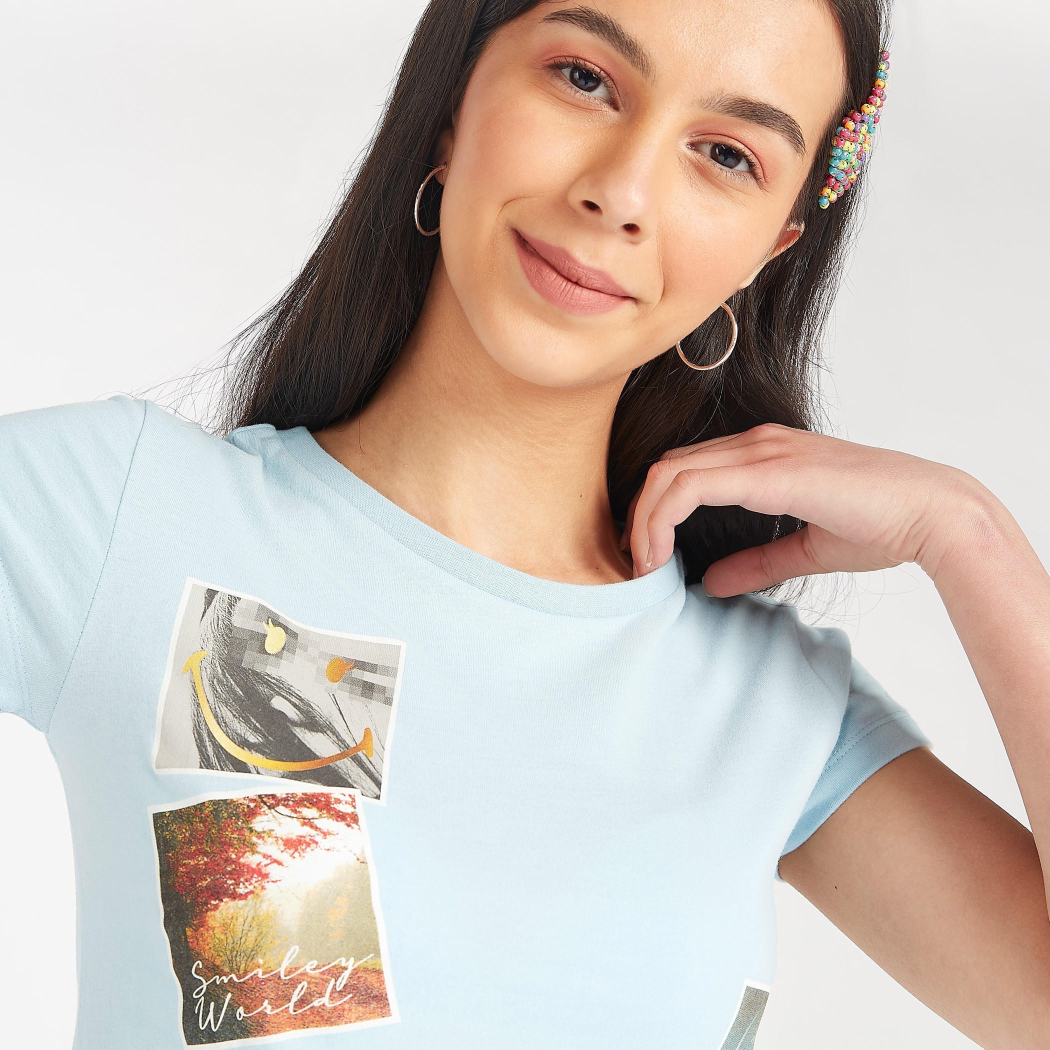 Smiley World Graphic Print T-shirt with Crew Neck-women-clothing-tshirts-image-3