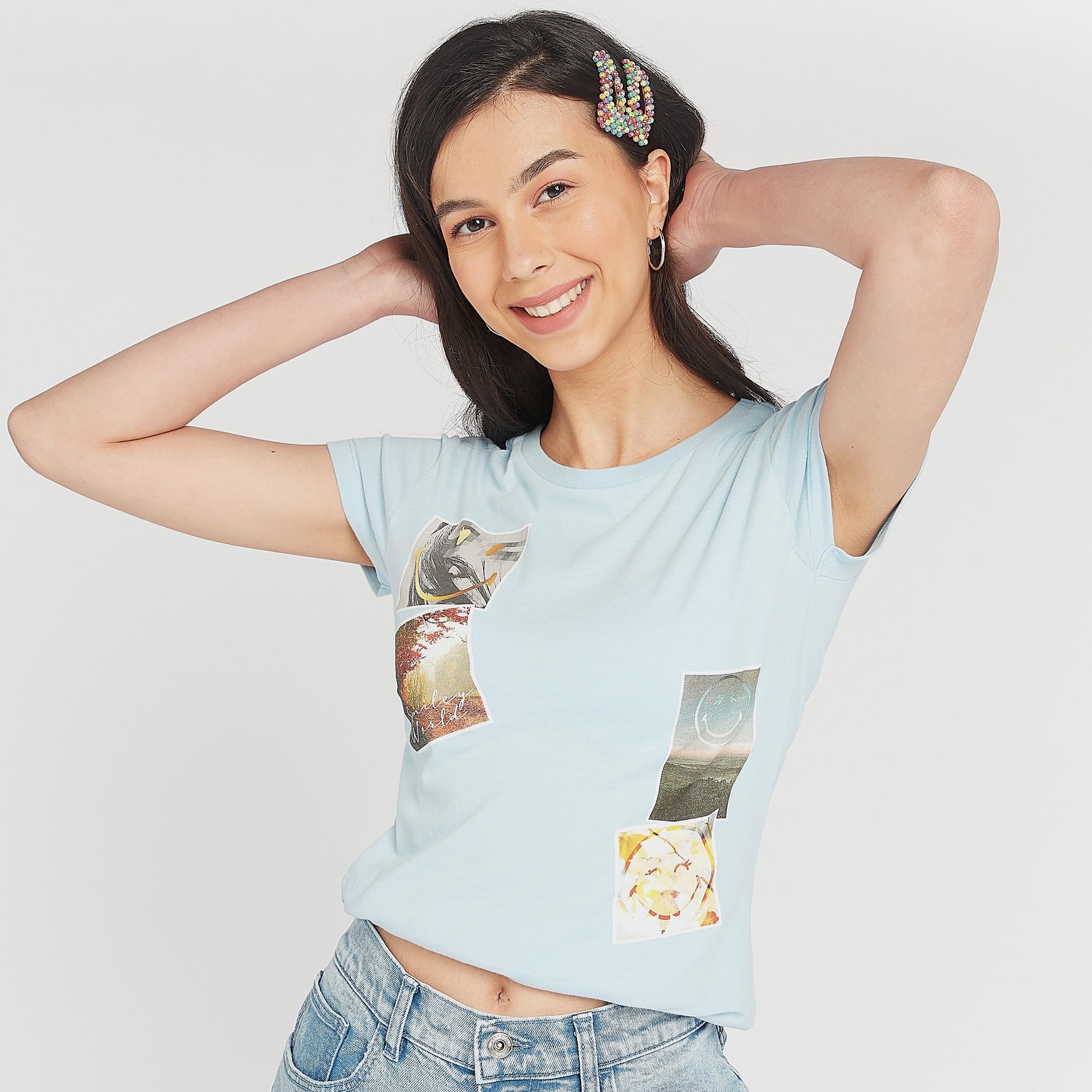 Smiley World Graphic Print T-shirt with Crew Neck-women-clothing-tshirts-image-5