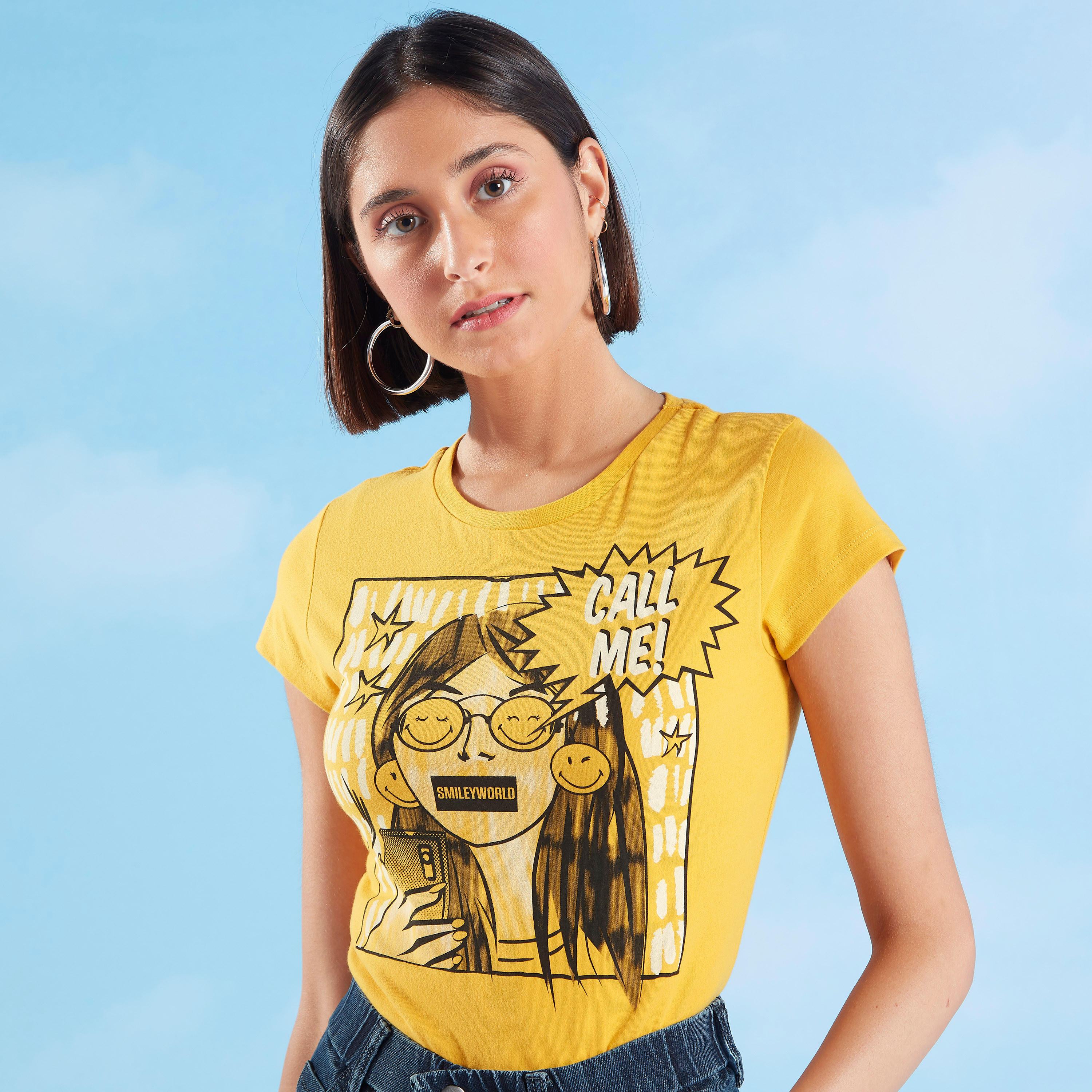 Sustainable Smiley World Graphic Print T-shirt with Round Neck-women-clothing-tshirts-image-1