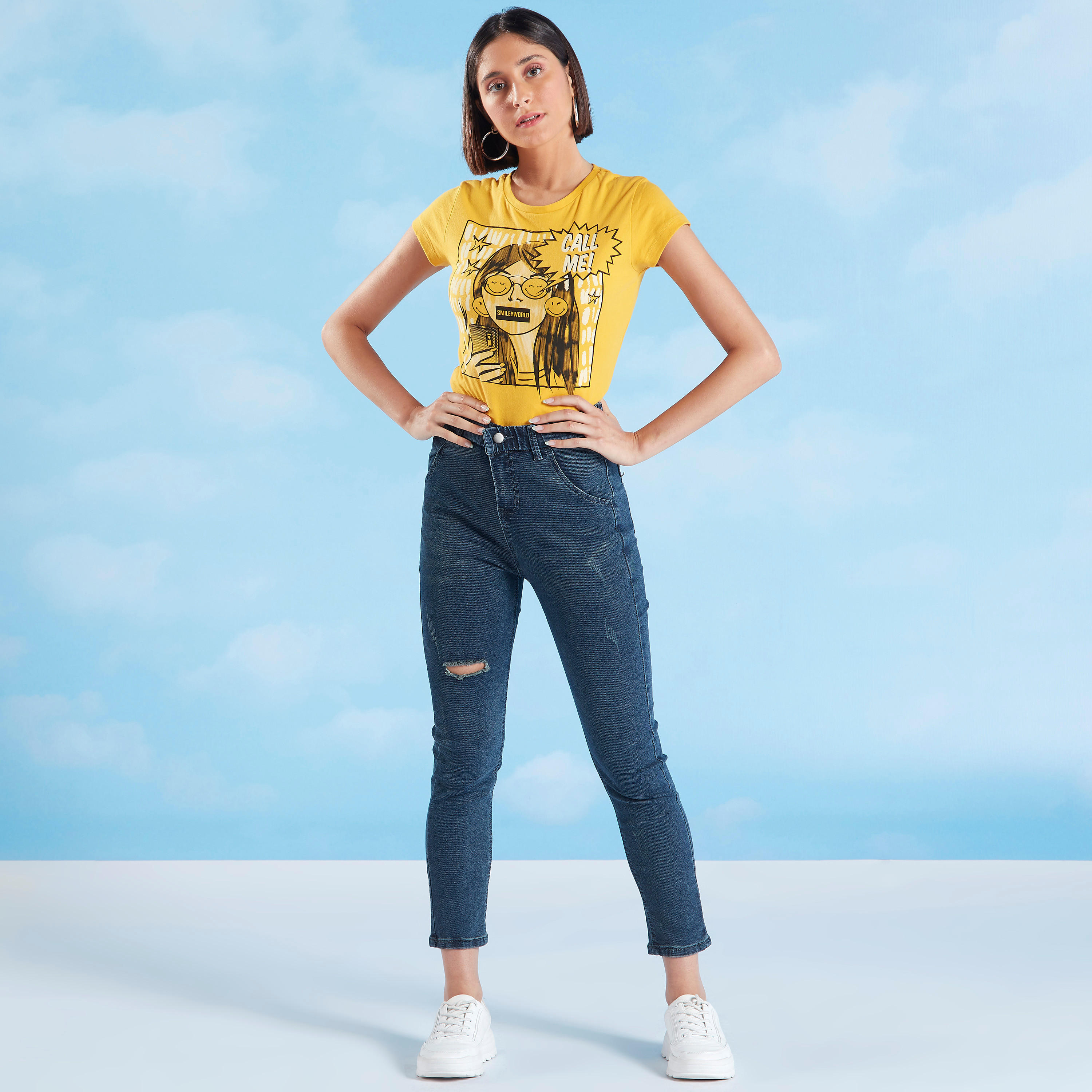 Sustainable Smiley World Graphic Print T-shirt with Round Neck-women-clothing-tshirts-image-2