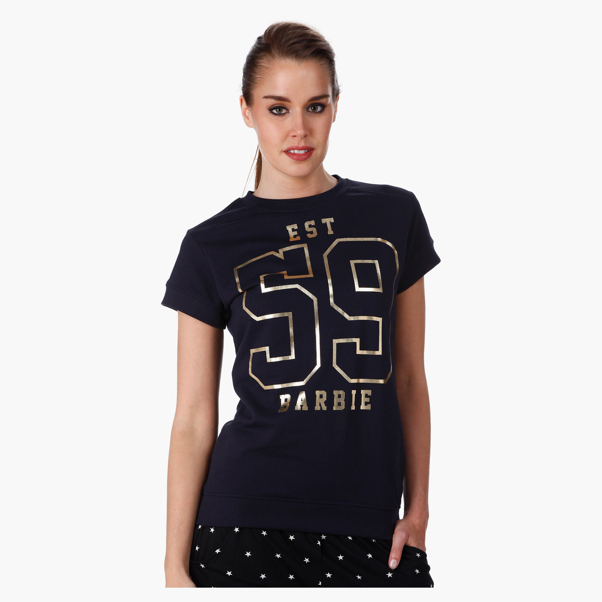 Barbie Print T-Shirt with Short Sleeves in Regular Fit-women-clothing-tshirts-image-1