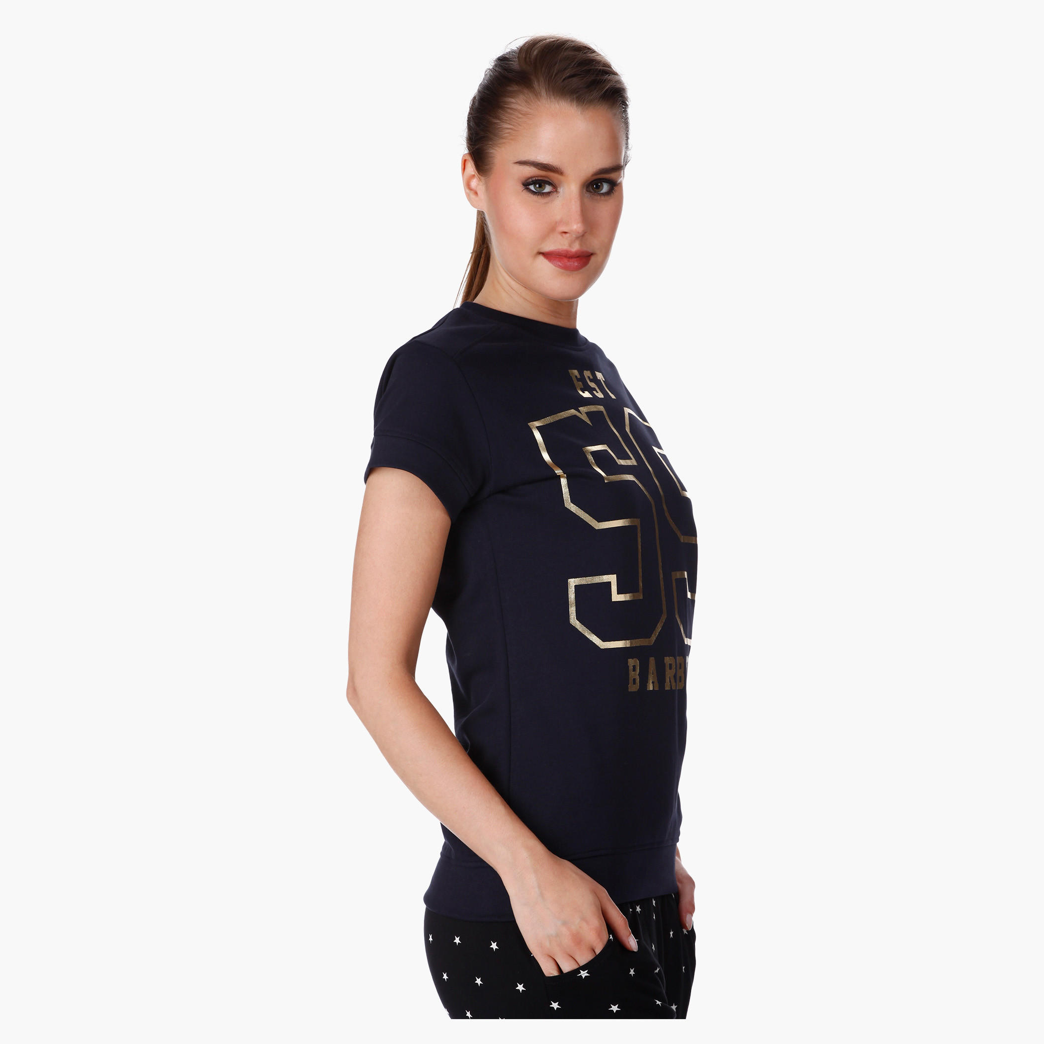 Barbie Print T-Shirt with Short Sleeves in Regular Fit-women-clothing-tshirts-image-3