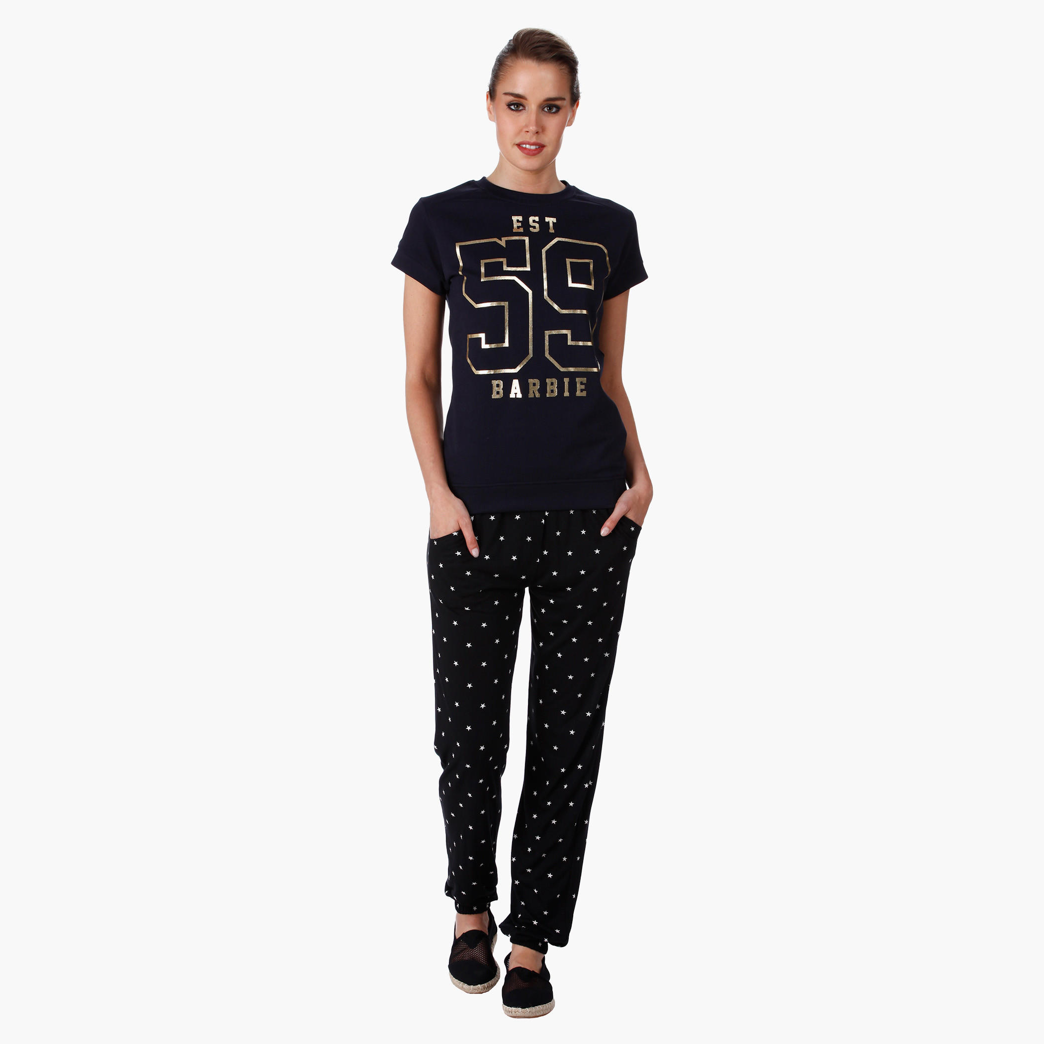 Barbie Print T-Shirt with Short Sleeves in Regular Fit-women-clothing-tshirts-image-5