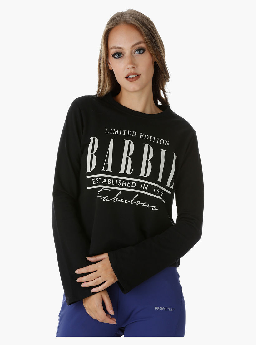 Barbie Printed Cotton Top with Boat Neck and Long Sleeves-women-clothing-tshirts-image-1