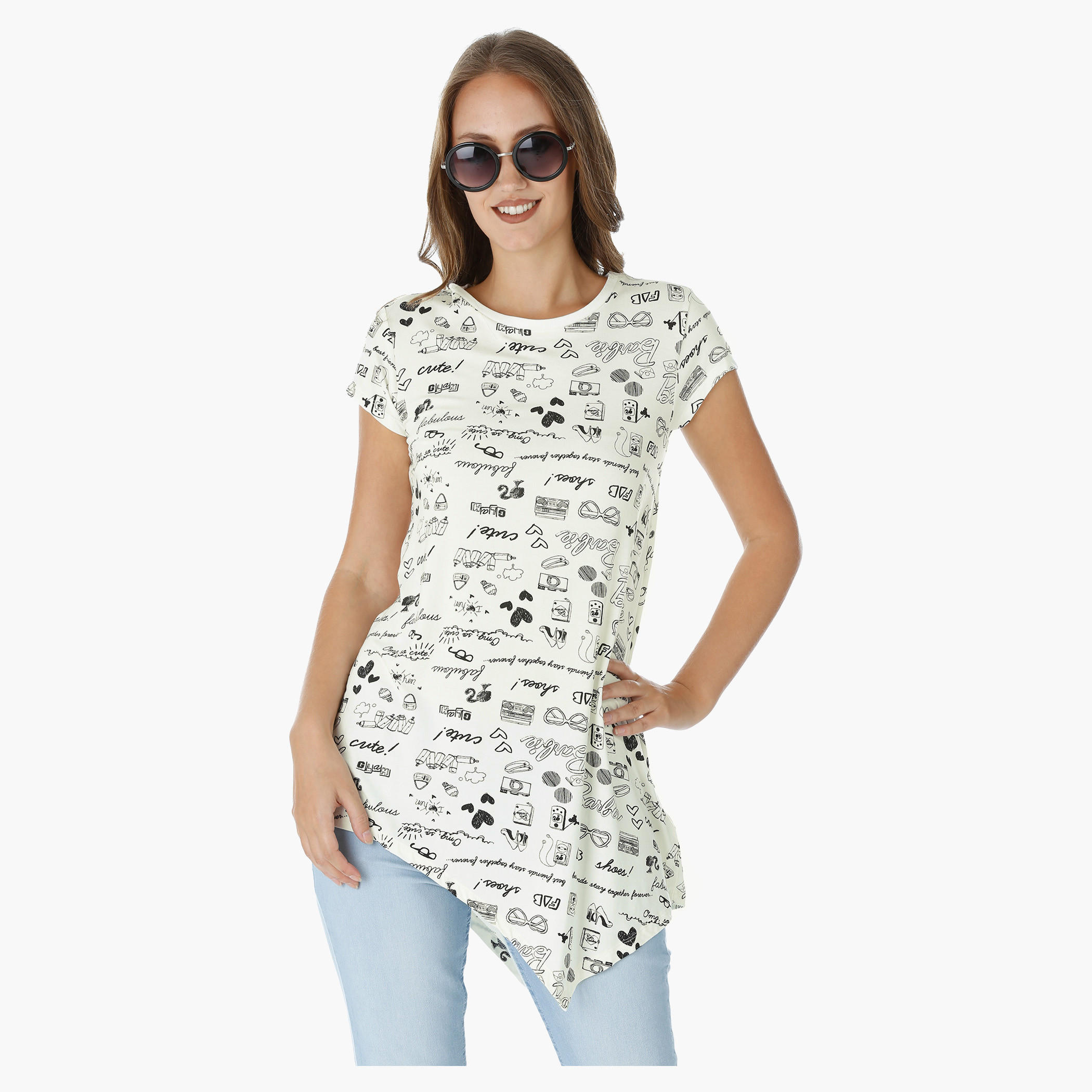 Barbie Printed Cotton Top with Boat Neck and Short Sleeves-women-clothing-tshirts-image-1