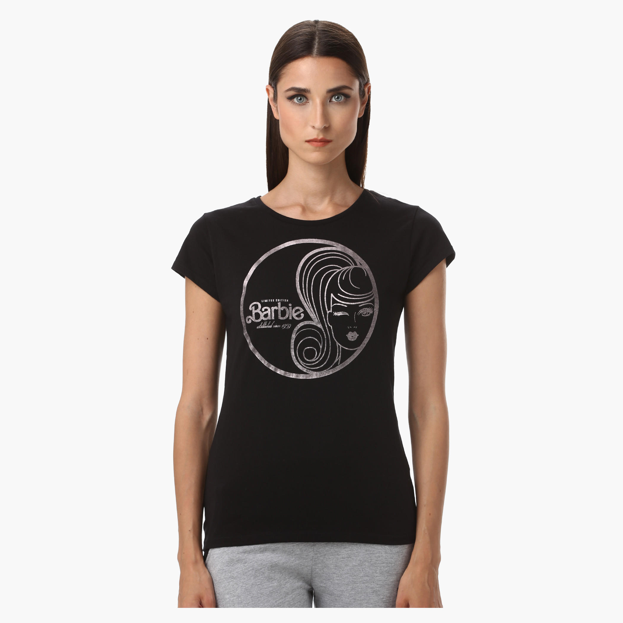 Barbie Graphic Print Cotton T-Shirt with Round Neck and Short Sleeves-women-clothing-tshirts-image-1