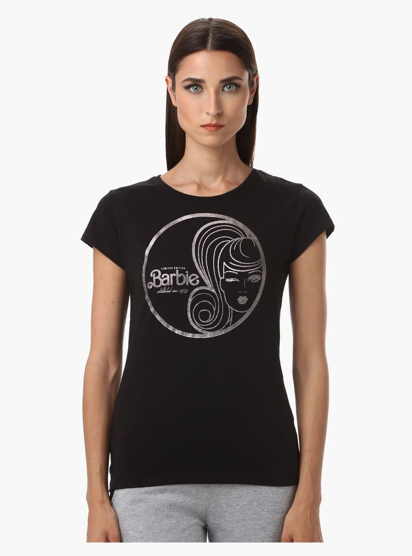 Barbie Graphic Print Cotton T-Shirt with Round Neck and Short Sleeves-women-clothing-tshirts-image-1
