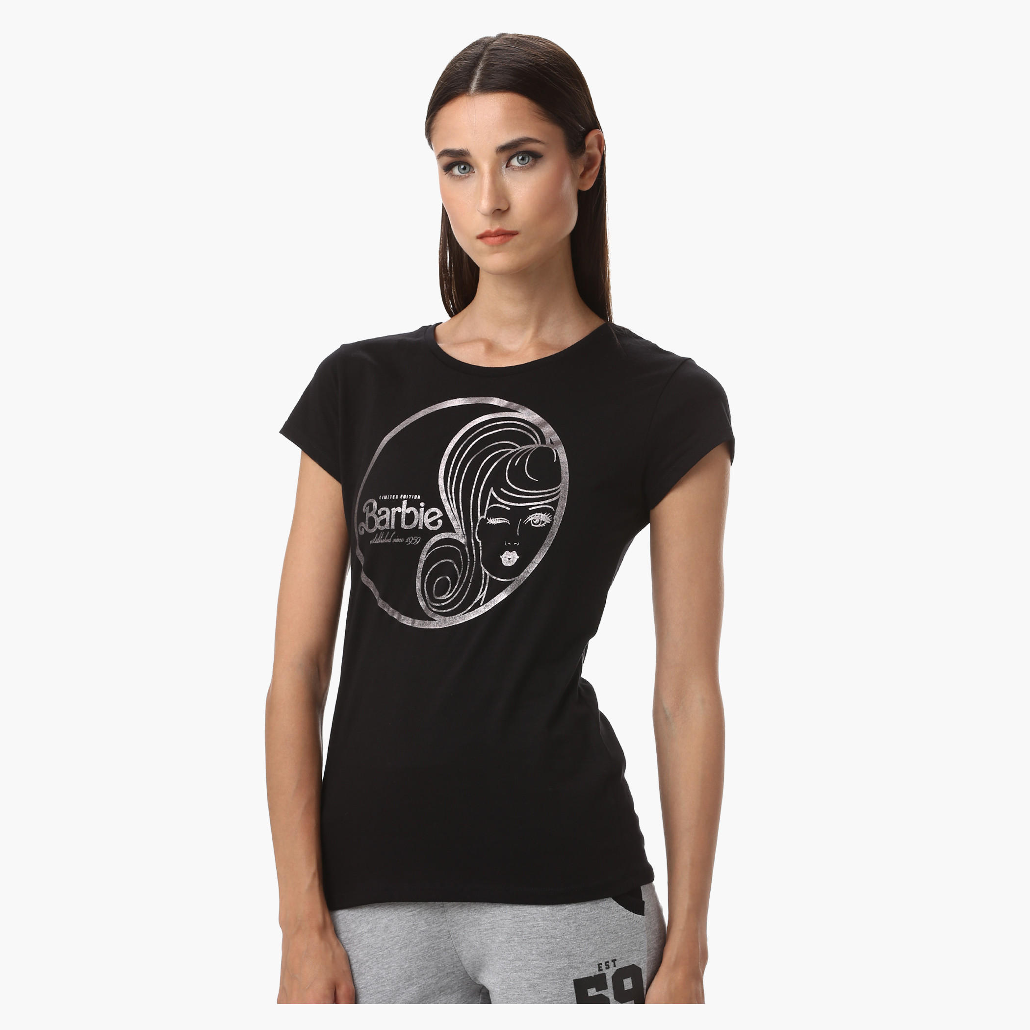 Barbie Graphic Print Cotton T-Shirt with Round Neck and Short Sleeves-women-clothing-tshirts-image-3