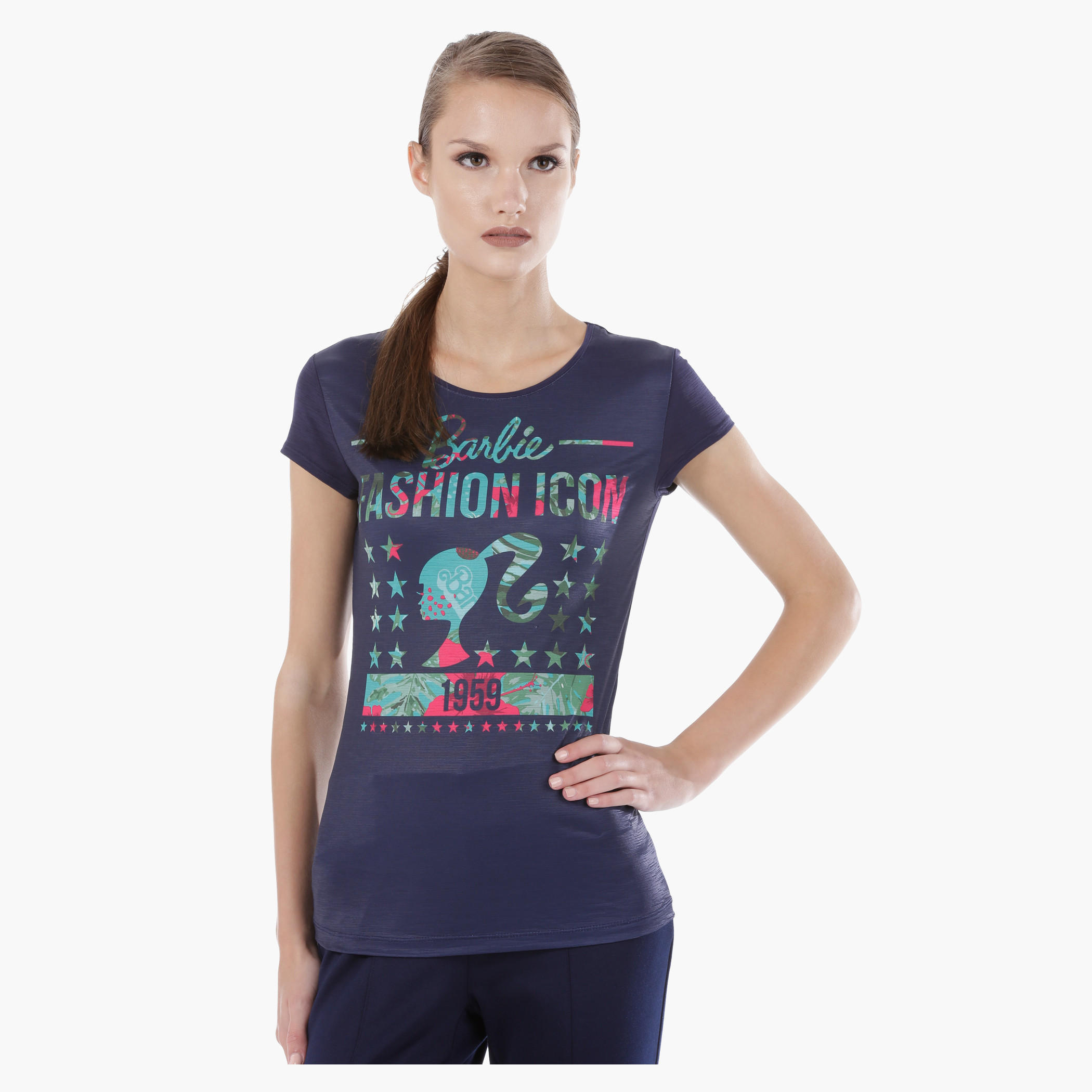 Barbie Print T-Shirt with Short Sleeves in Regular Fit-women-clothing-tshirts-image-1