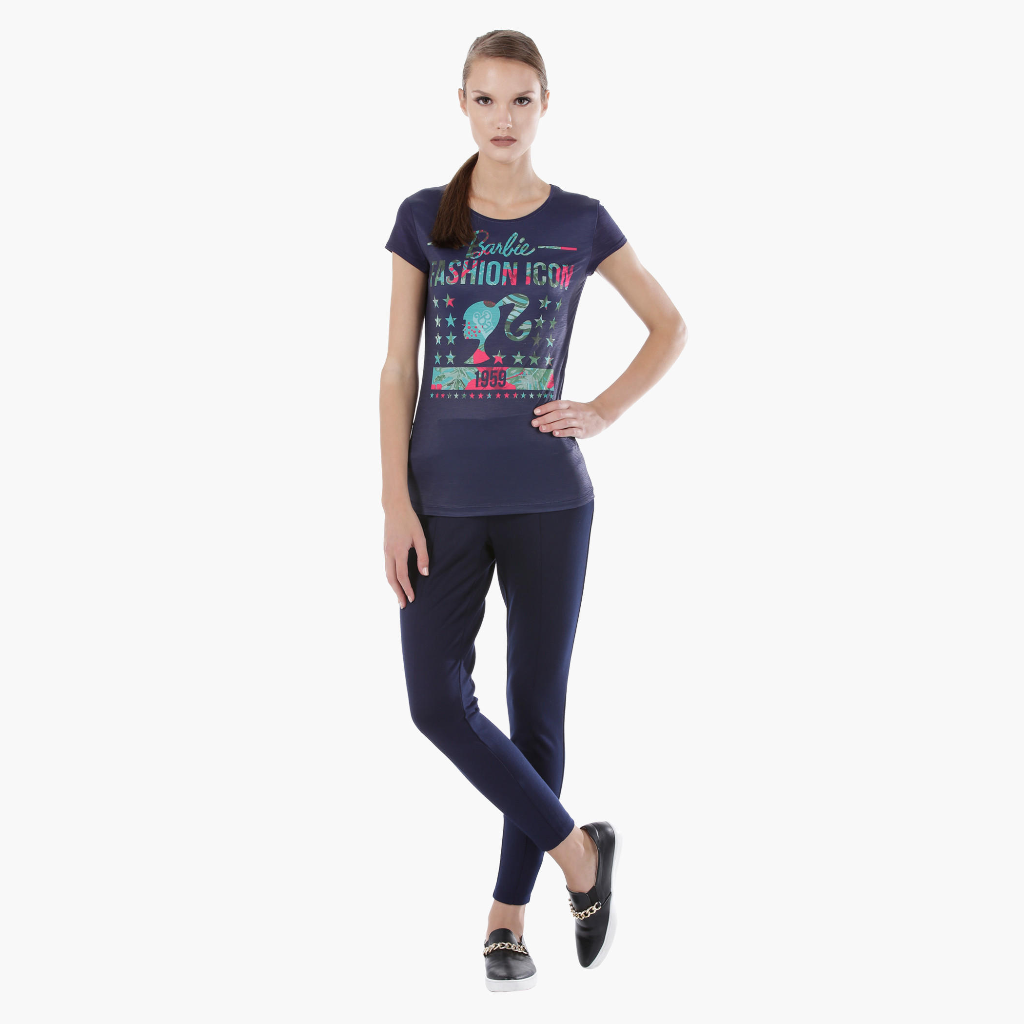 Barbie Print T-Shirt with Short Sleeves in Regular Fit-women-clothing-tshirts-image-5