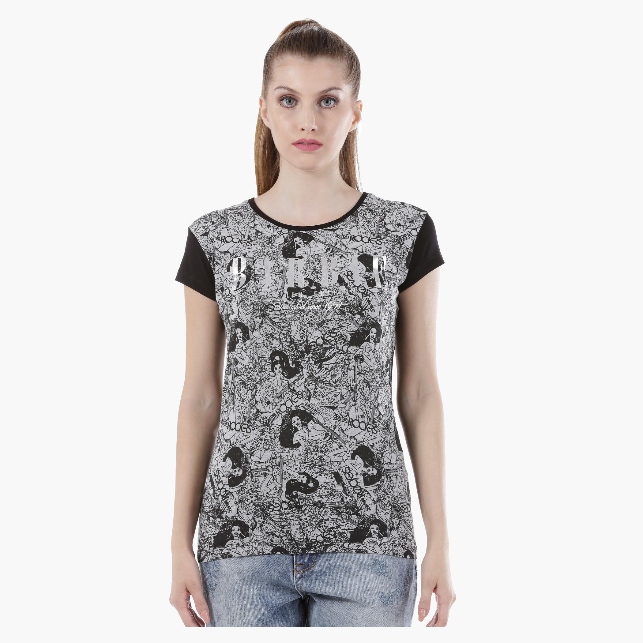 Barbie Print T-Shirt with Short Sleeves in Regular Fit-women-clothing-tshirts-image-1