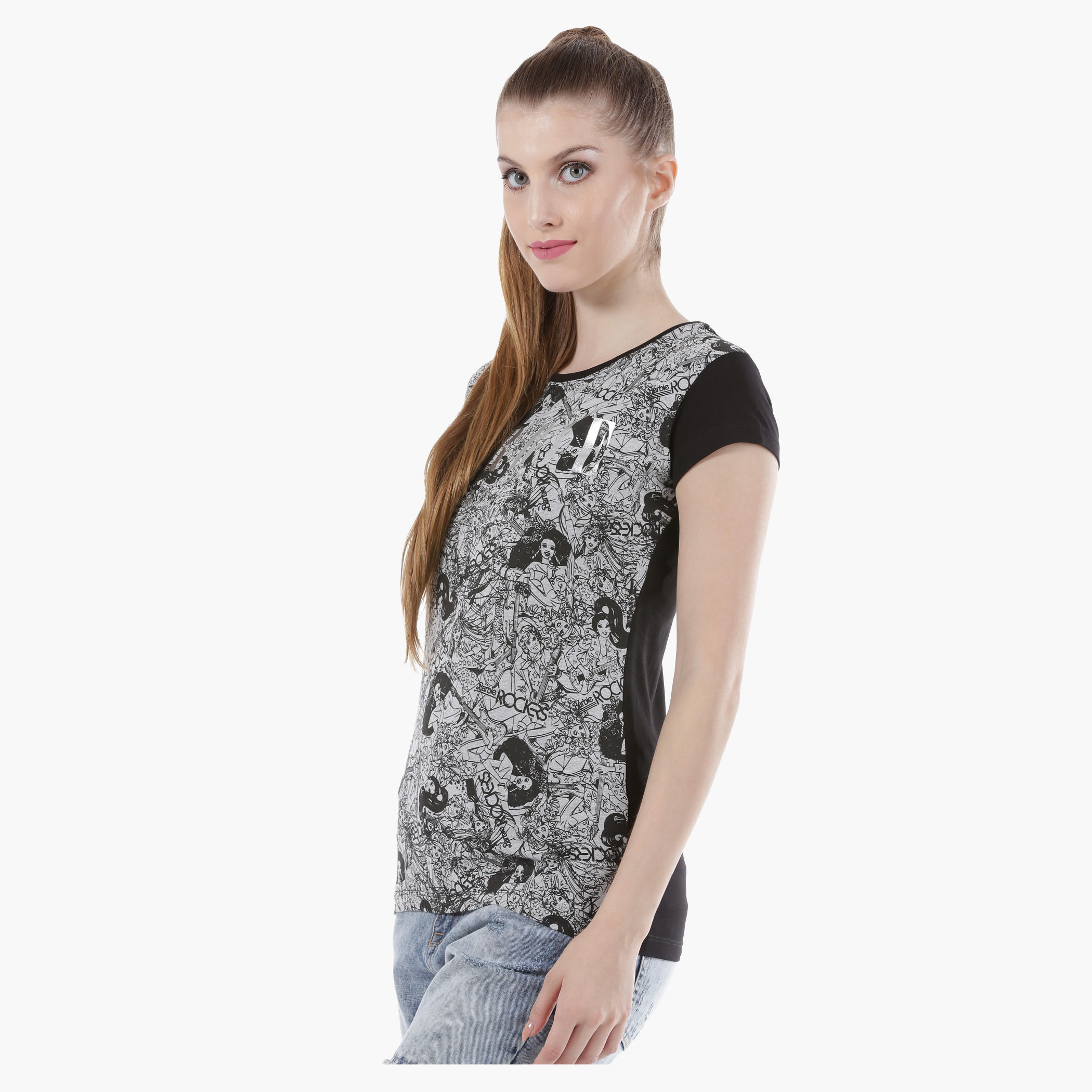 Barbie Print T-Shirt with Short Sleeves in Regular Fit-women-clothing-tshirts-image-3