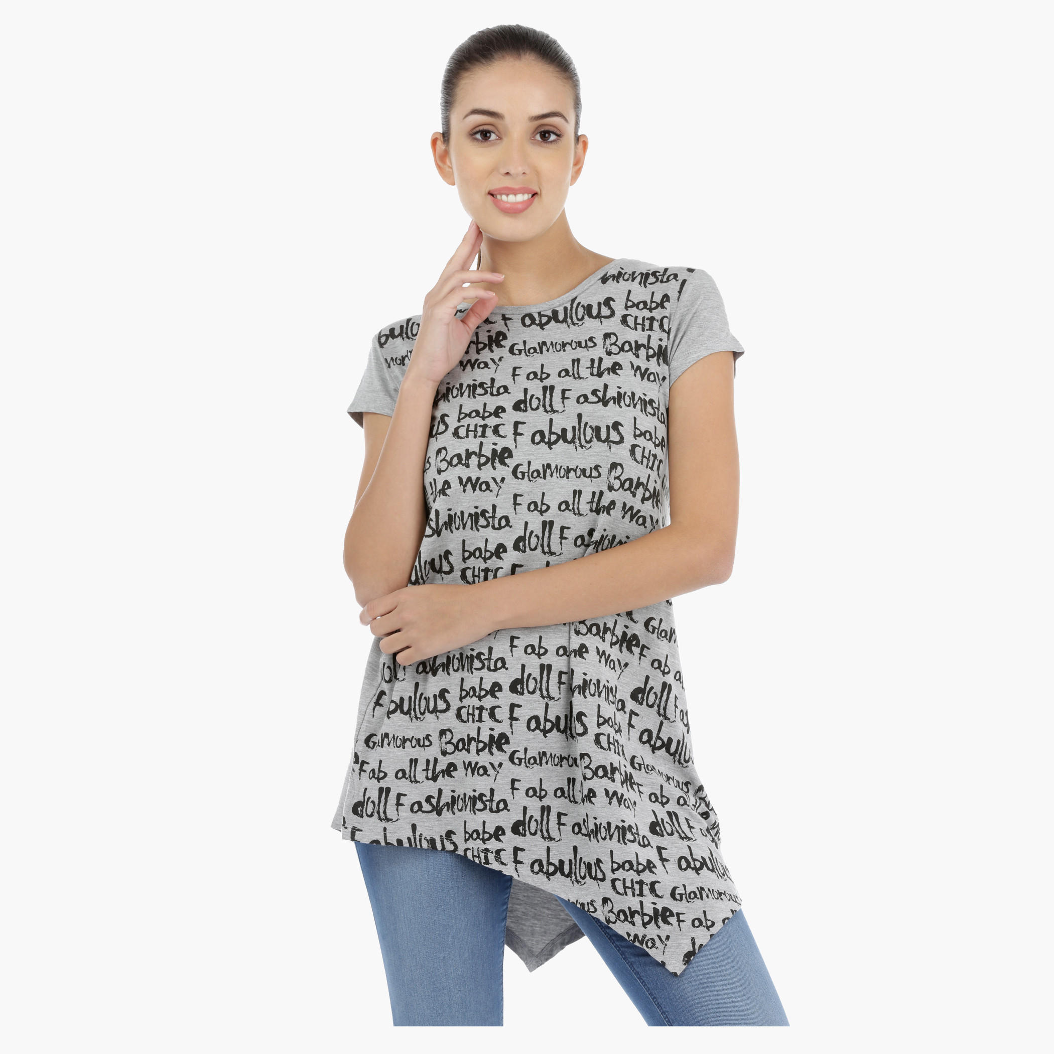 Barbie Printed T-Shirt with Asymmetrical Hem-women-clothing-tshirts-image-1