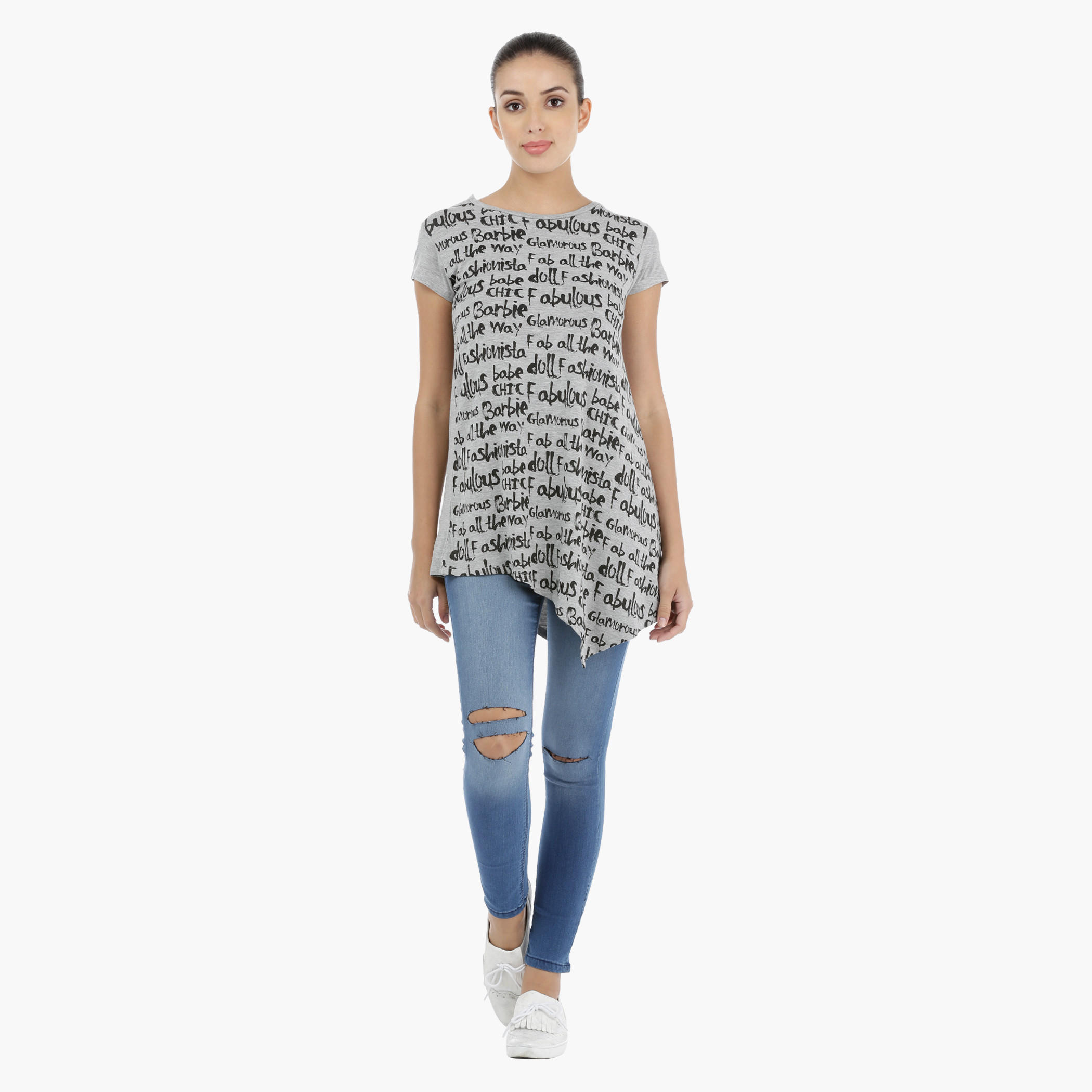 Barbie Printed T-Shirt with Asymmetrical Hem-women-clothing-tshirts-image-5