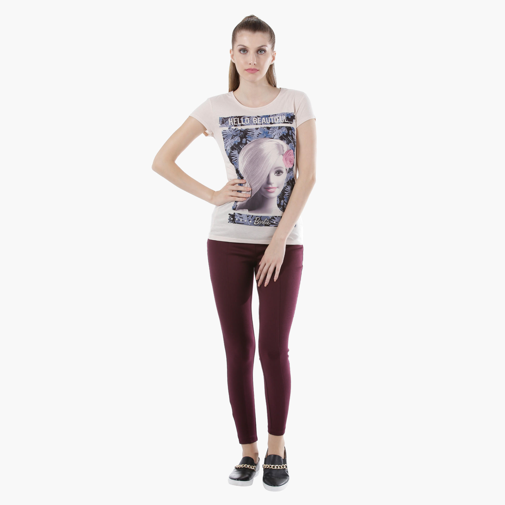 Barbie Print T-Shirt with Short Sleeves in Regular Fit-women-clothing-tshirts-image-5