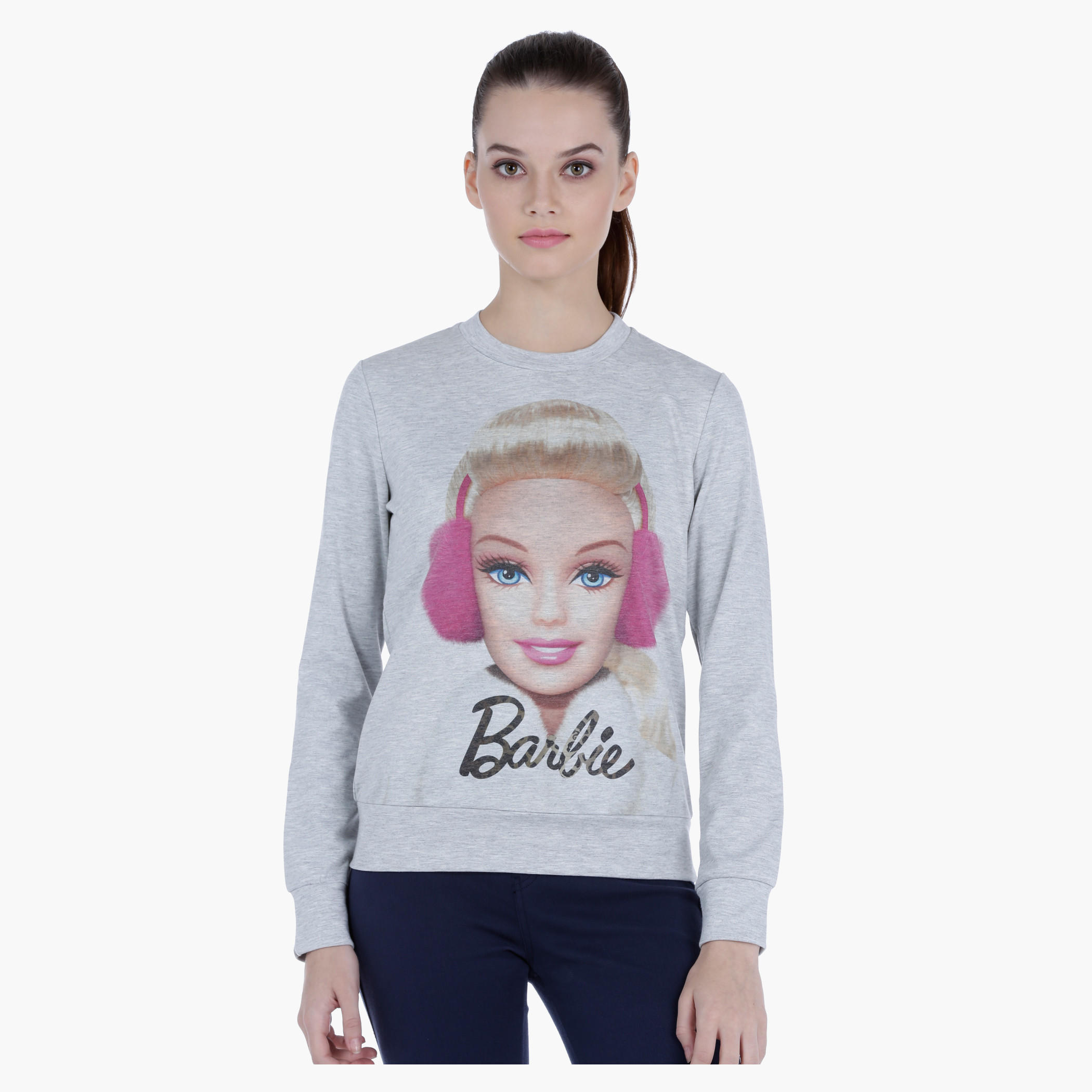 Barbie Print Melange Sweatshirt with Long Sleeves-women-winterwear-hoodiesandsweatshirts-sweatshirts-image-1