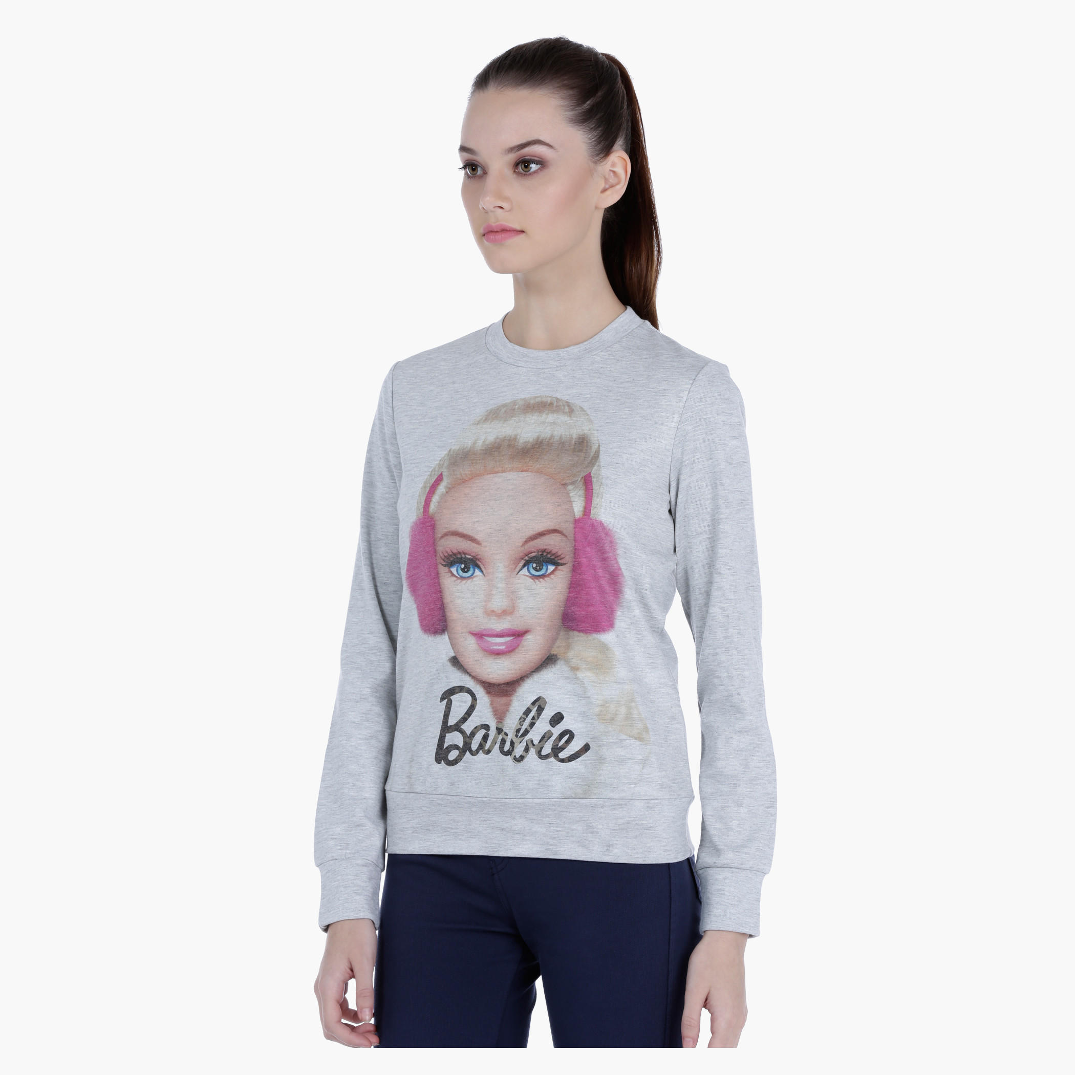Barbie Print Melange Sweatshirt with Long Sleeves-women-winterwear-hoodiesandsweatshirts-sweatshirts-image-3