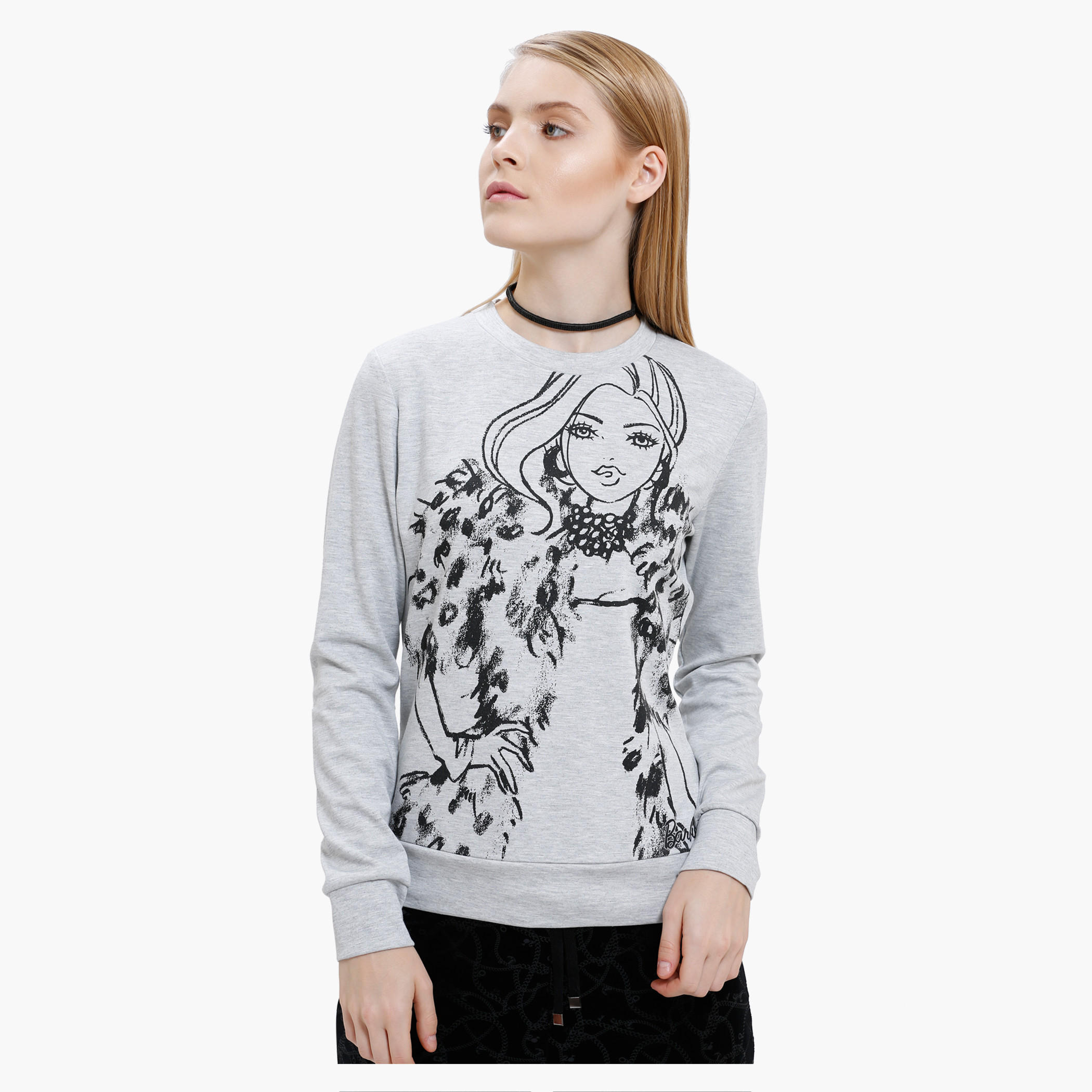 Barbie Print Sweatshirt with Round Neck and Long Sleeves-women-winterwear-hoodiesandsweatshirts-sweatshirts-image-1