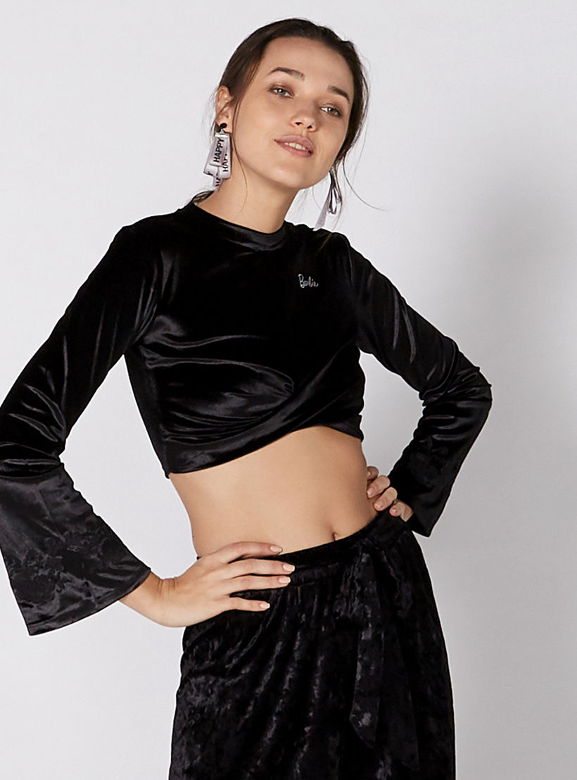 بلوزة قصيرة بياقة مستديرة وأكمام طويلة مع طبعات باربي-women-clothing-shirtsandblouses-blouses-image-1