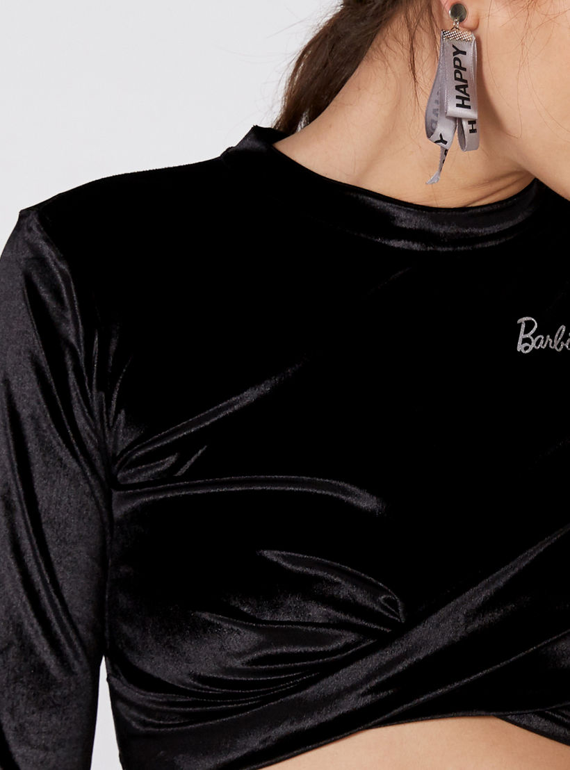 بلوزة قصيرة بياقة مستديرة وأكمام طويلة مع طبعات باربي-women-clothing-shirtsandblouses-blouses-image-2