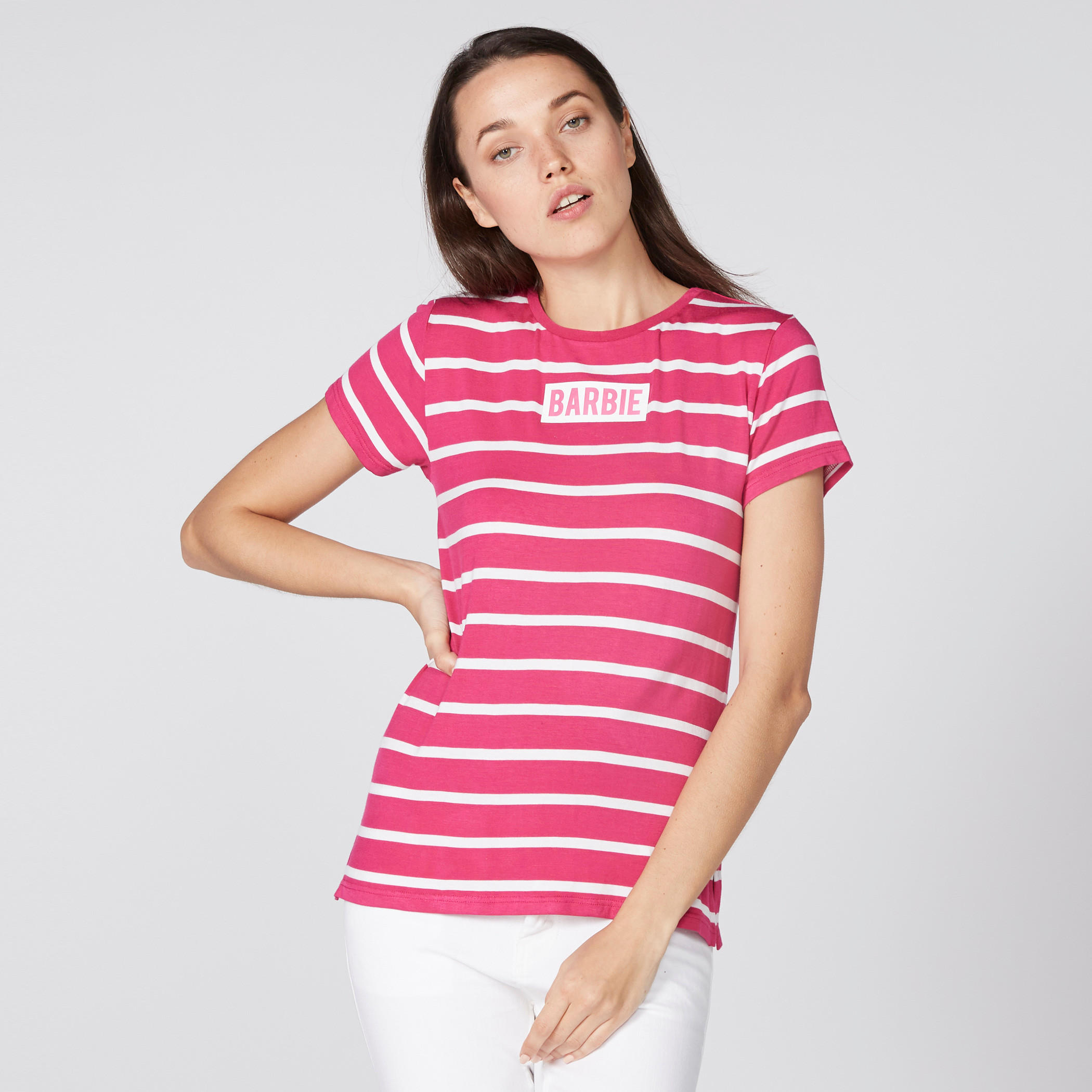 تيشيرت مقلّم بياقة مستديرة وأكمام قصيرة باربي-women-clothing-tshirts-image-1