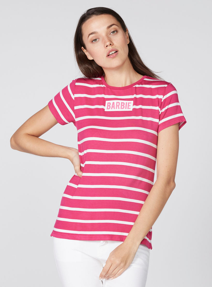 تيشيرت مقلّم بياقة مستديرة وأكمام قصيرة باربي-women-clothing-tshirts-image-1