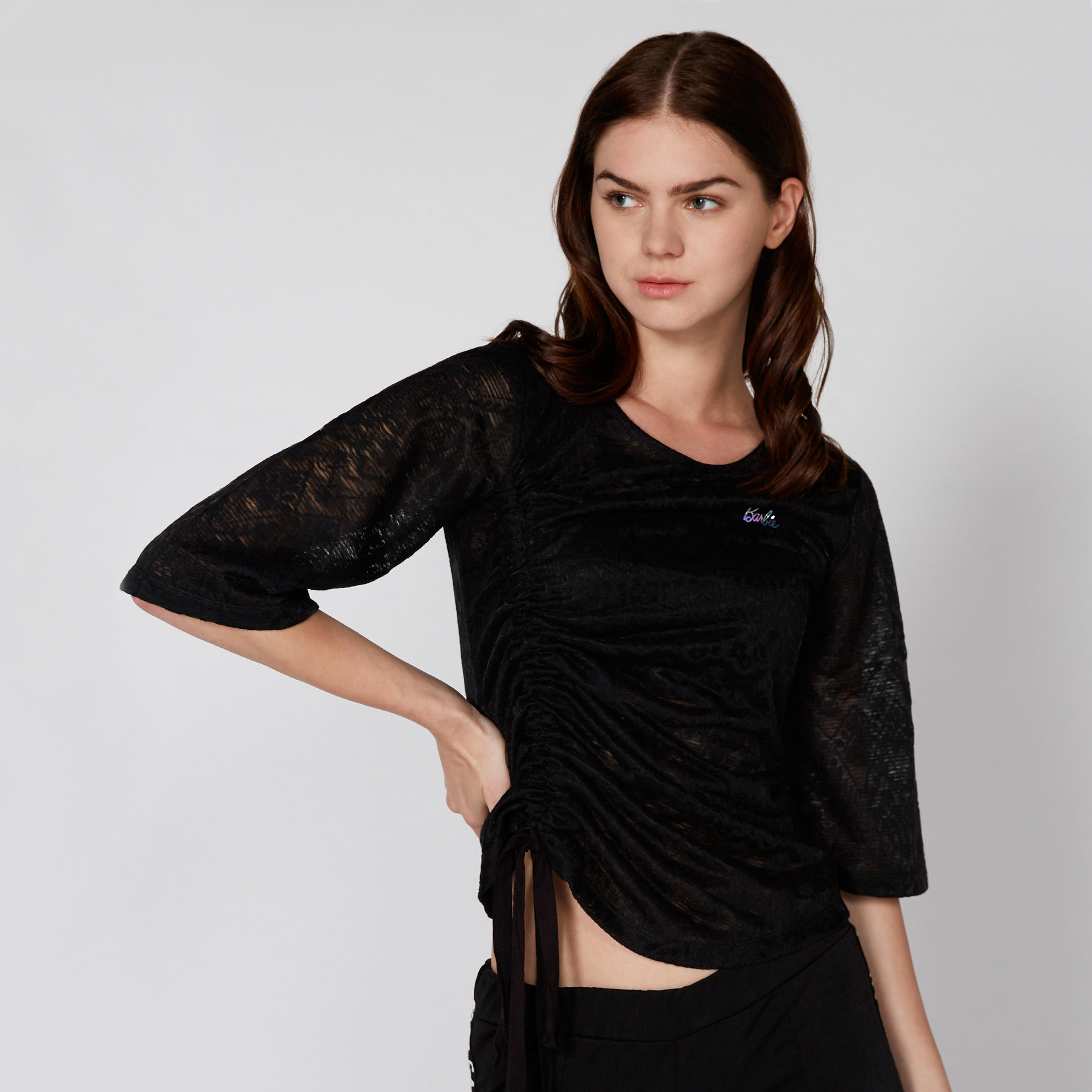 Lace Top with Round Neck and Ruched Detail-women-clothing-shirtsandblouses-blouses-image-1