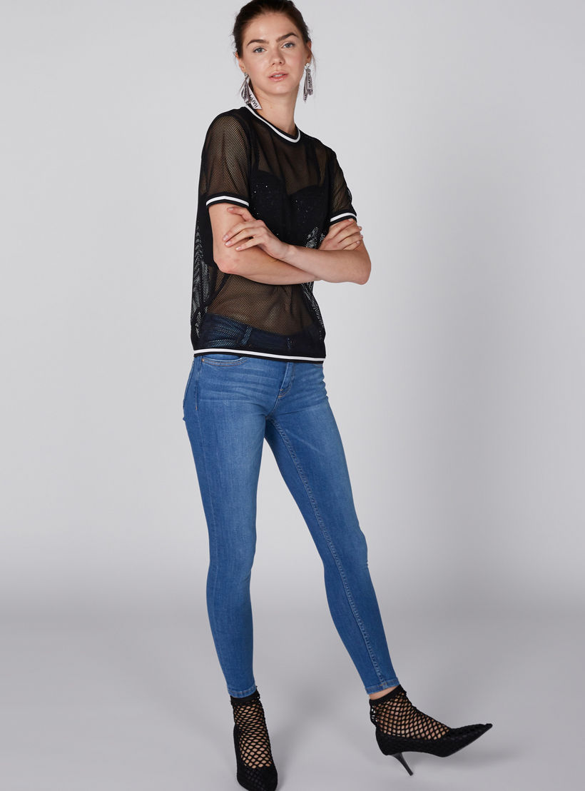 بلوزة شبكية بياقة مستديرة وأكمام قصيرة من باربي-women-clothing-shirtsandblouses-blouses-image-1
