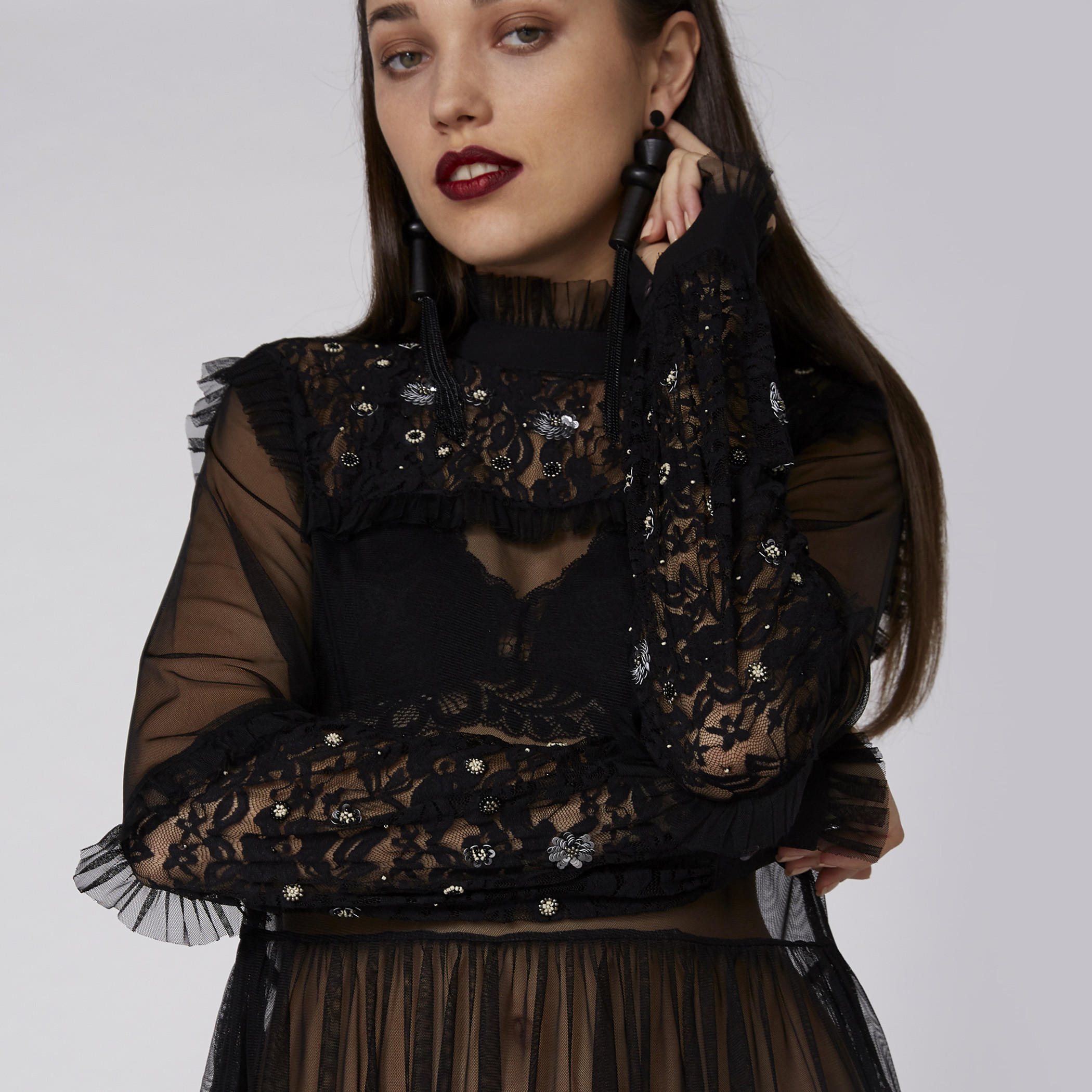 Embellished Maxi Dress with Long Sleeves and Lace Detail without Lining-women-clothing-dresses-image-1