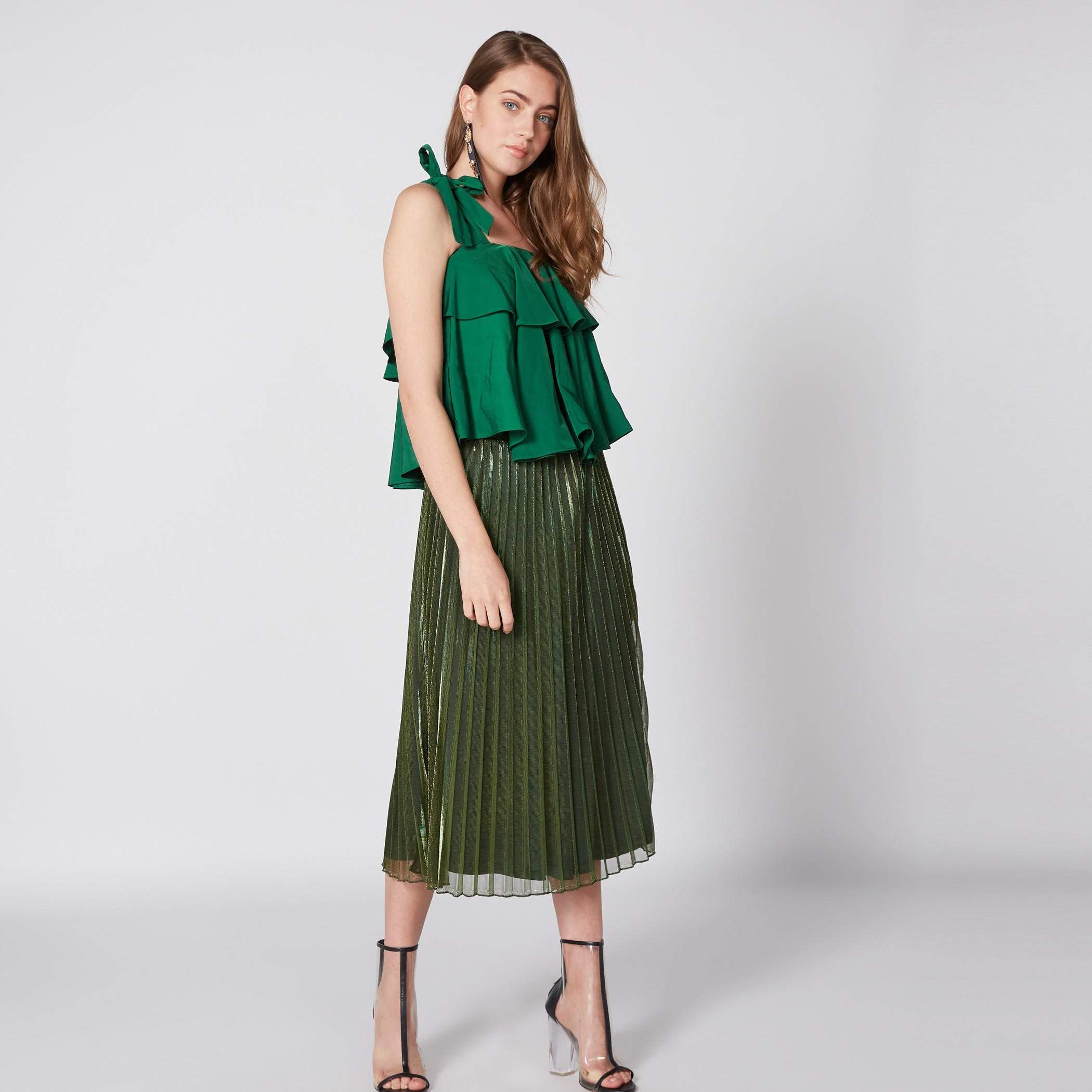 تنورة متوسطة الطول بطيّات وخصر مطاطي-women-clothing-bottoms-skirts-image-1