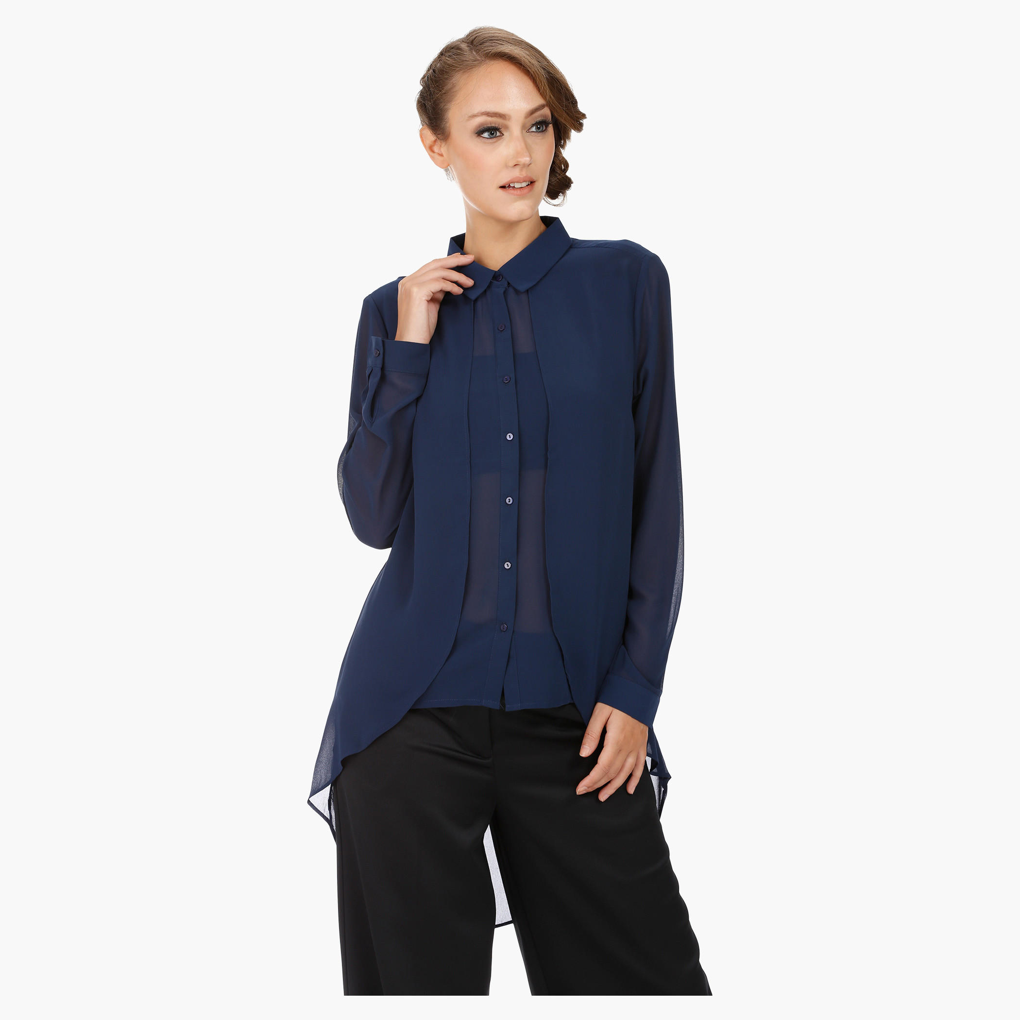 High-Low Shirt with Collar and Long Sleeves-women-clothing-shirtsandblouses-blouses-image-1