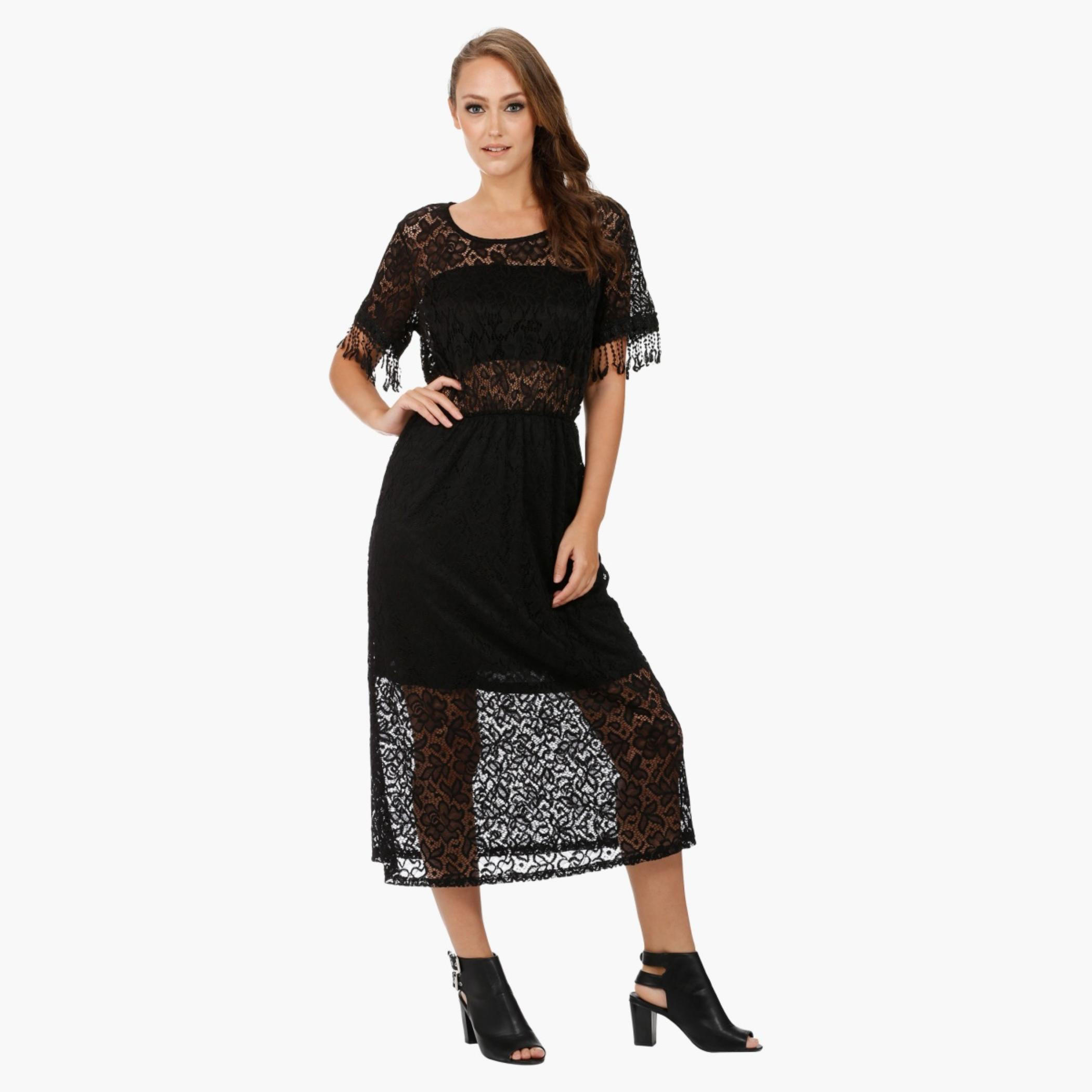 Lace Round Neck Dress with Short Sleeves-women-clothing-dresses-image-1