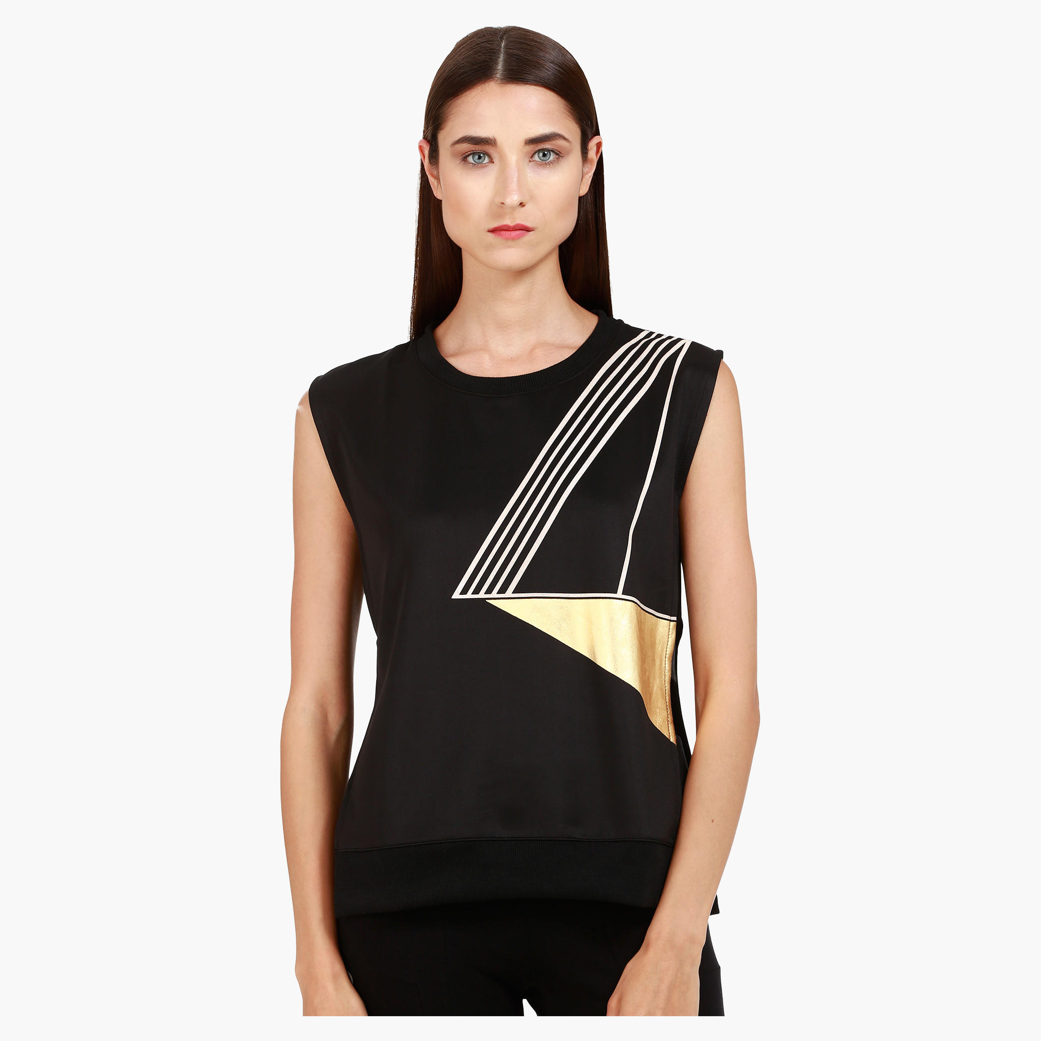 Sleeveless Crew Neck Top With Geometric Print and Side Gusset in Regular Fit-women-clothing-tshirts-image-1