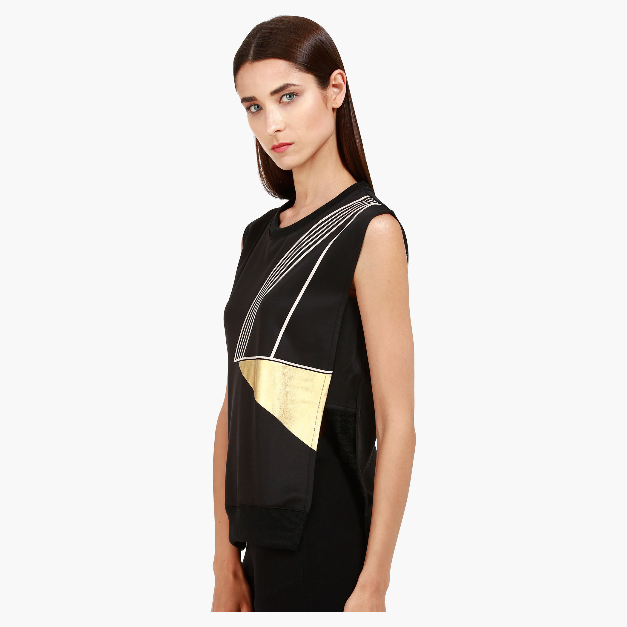 Sleeveless Crew Neck Top With Geometric Print and Side Gusset in Regular Fit-women-clothing-tshirts-image-3