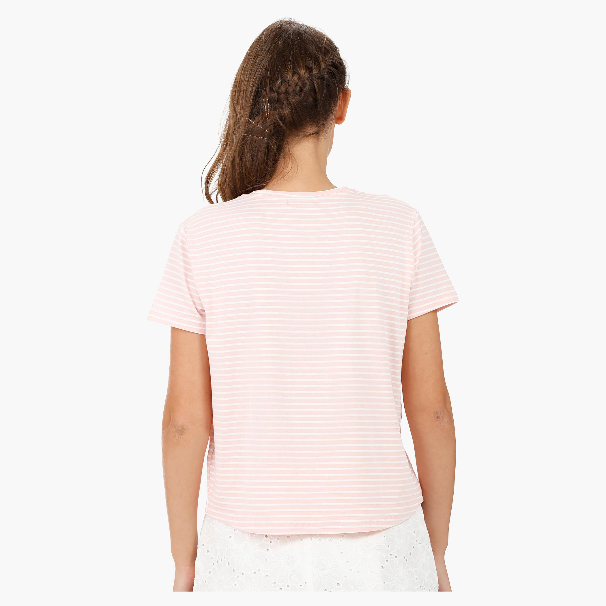 Striped T-shirt with Beaded Embellishment and Round Neck-women-clothing-tshirts-image-2