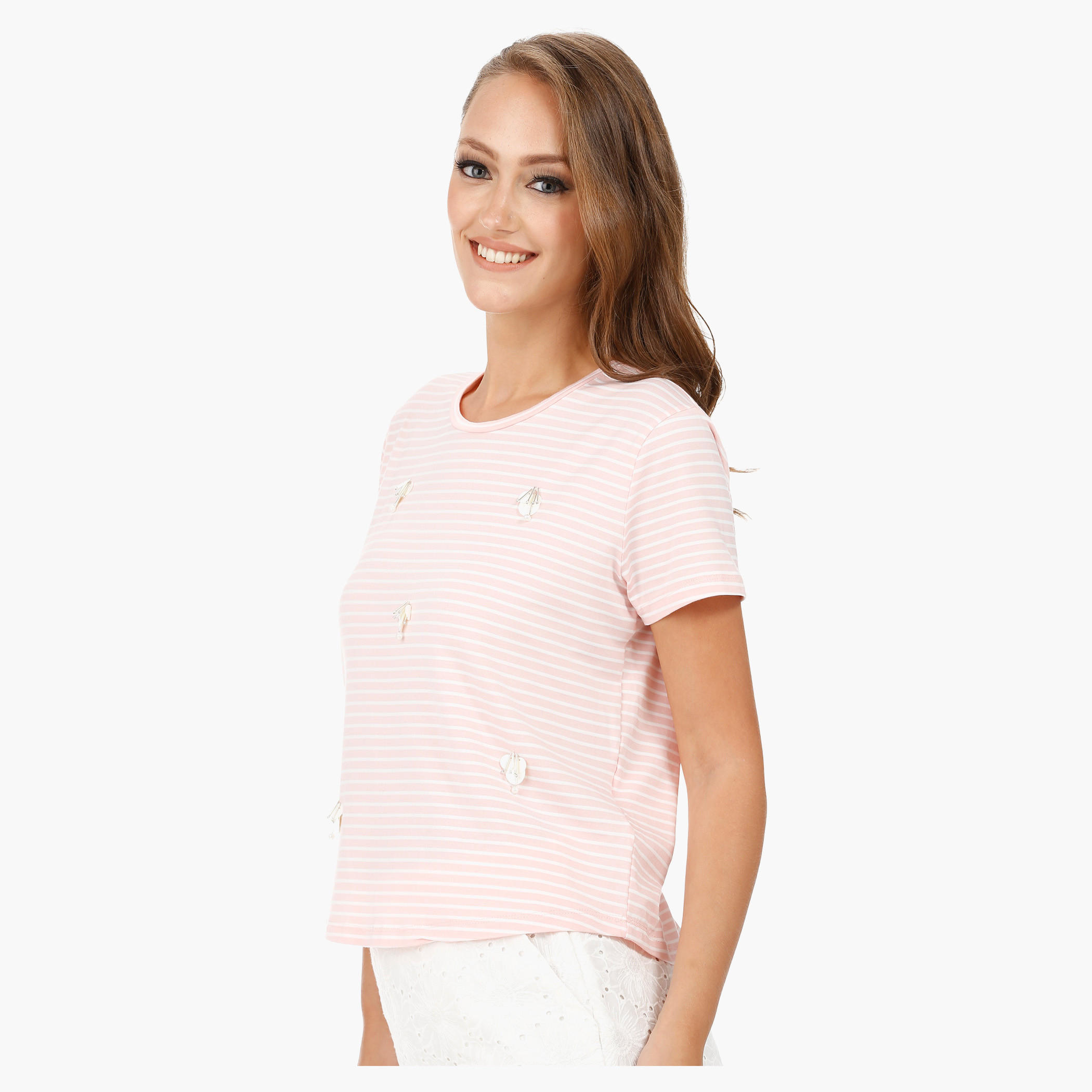 Striped T-shirt with Beaded Embellishment and Round Neck-women-clothing-tshirts-image-3