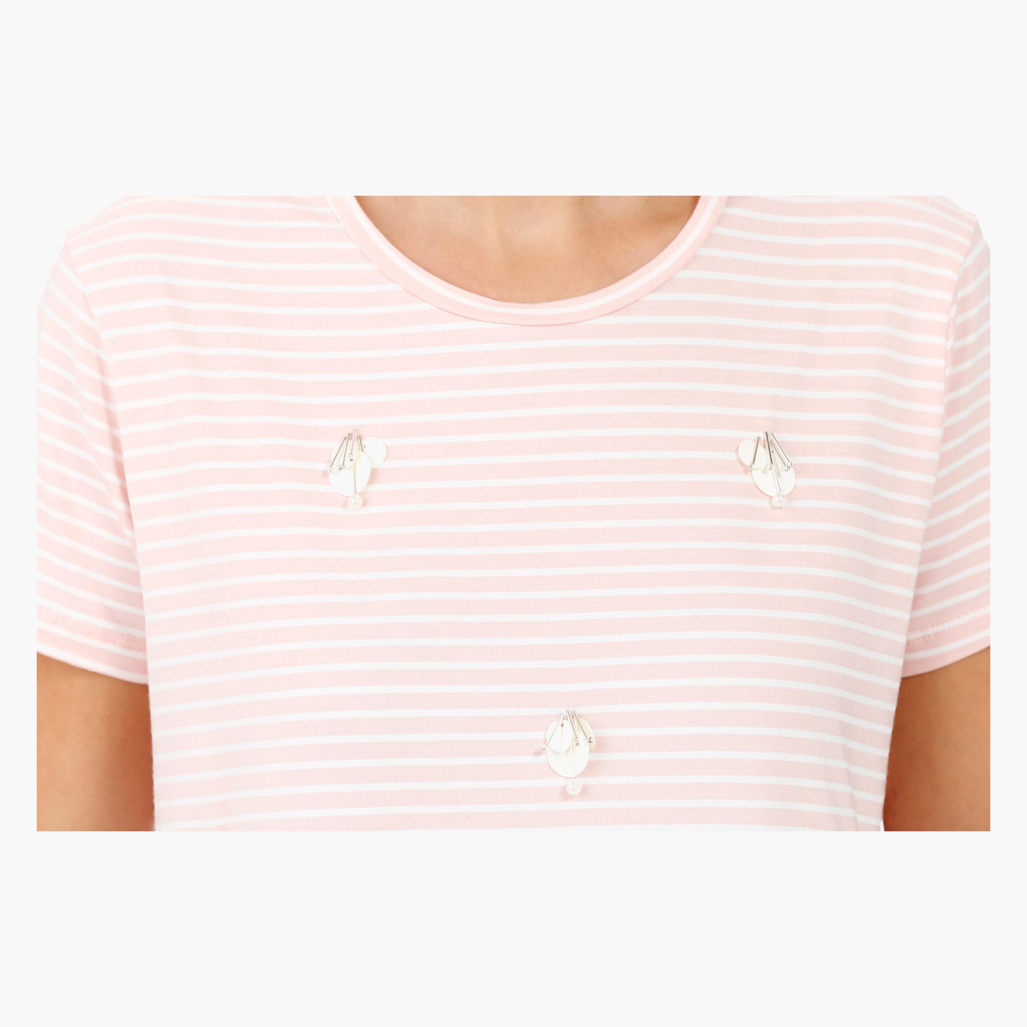Striped T-shirt with Beaded Embellishment and Round Neck-women-clothing-tshirts-image-4