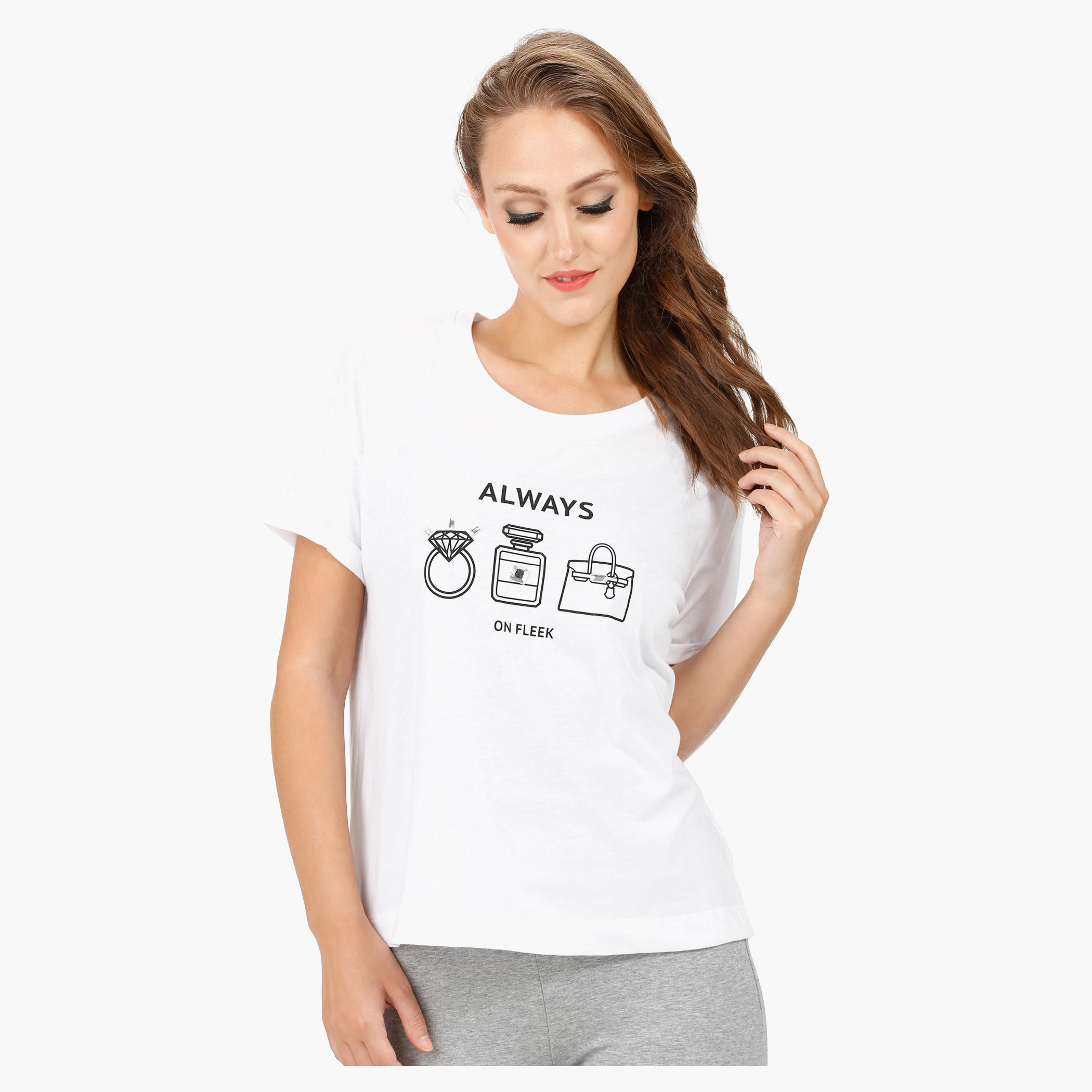 Printed T-shirt with Beaded Embellishment and Round Neck-women-clothing-tshirts-image-1