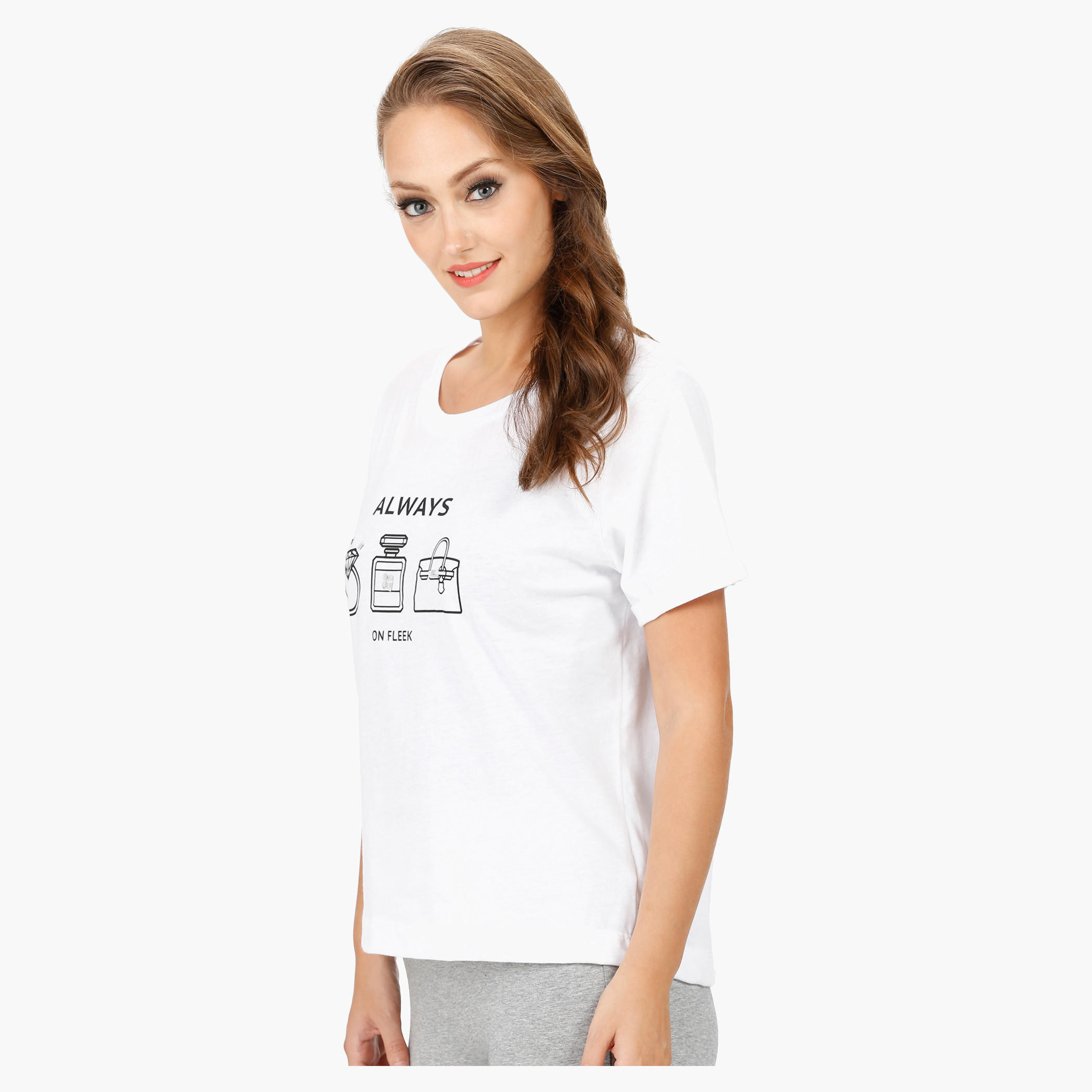 Printed T-shirt with Beaded Embellishment and Round Neck-women-clothing-tshirts-image-3