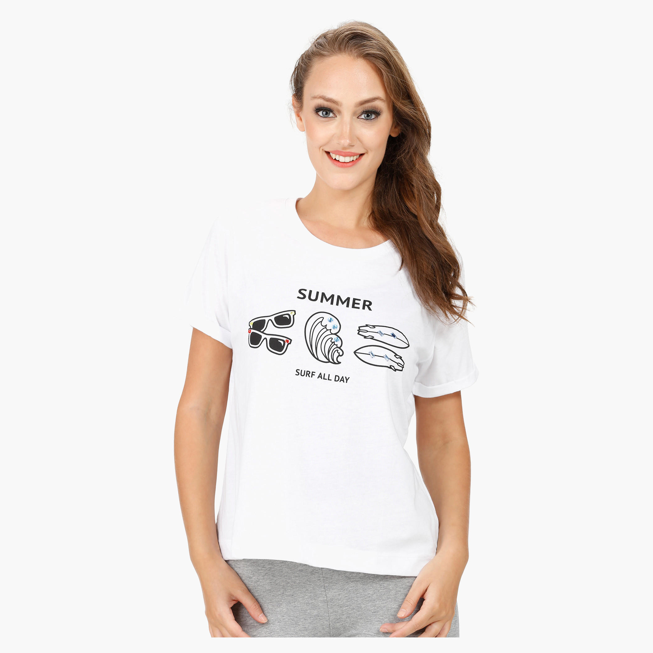 Printed T-shirt with Beaded Embellishment and Round Neck-women-clothing-tshirts-image-6