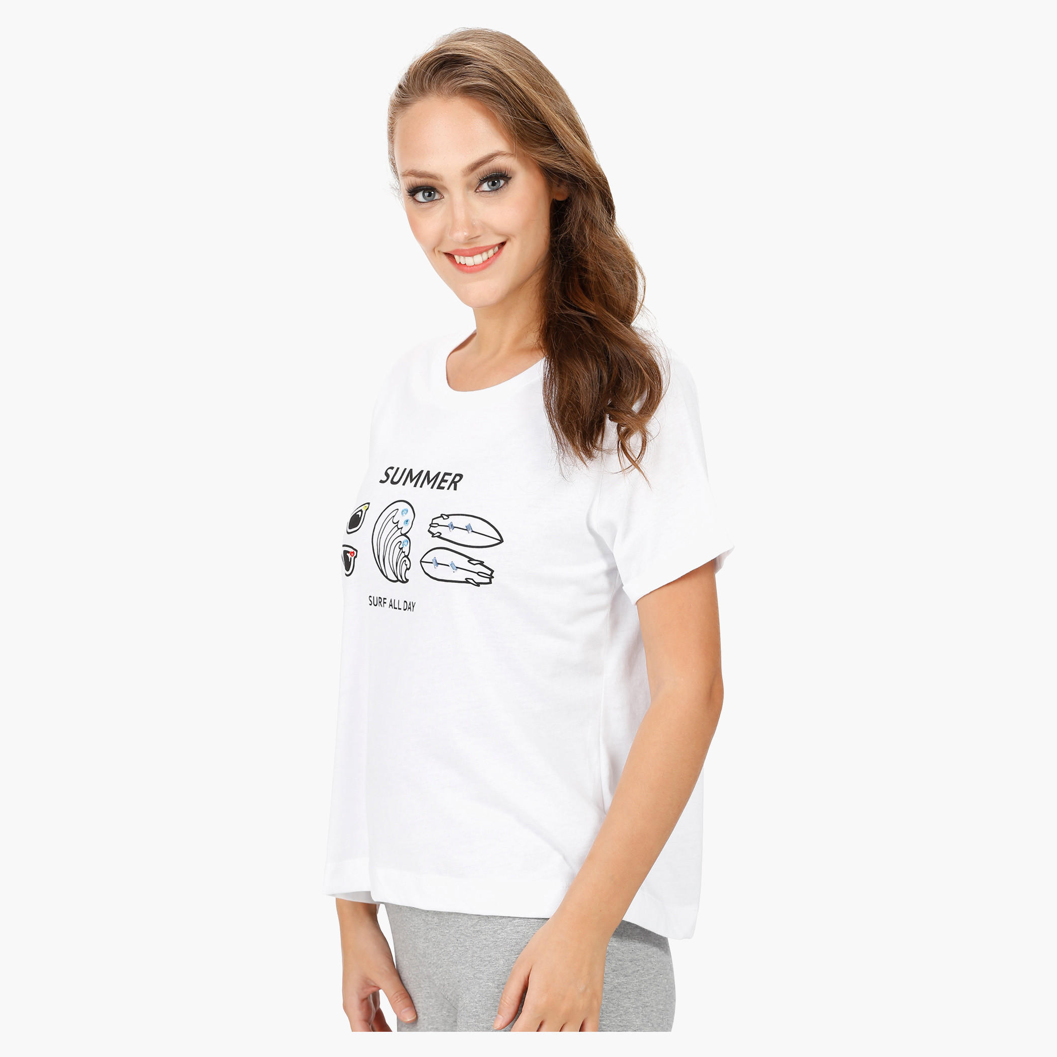 Printed T-shirt with Beaded Embellishment and Round Neck-women-clothing-tshirts-image-8
