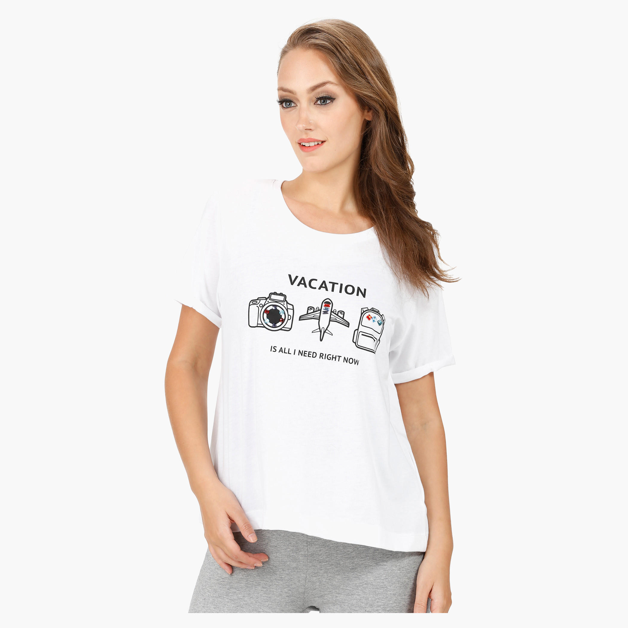 Printed T-shirt with Beaded Embellishment and Round Neck-women-clothing-tshirts-image-11