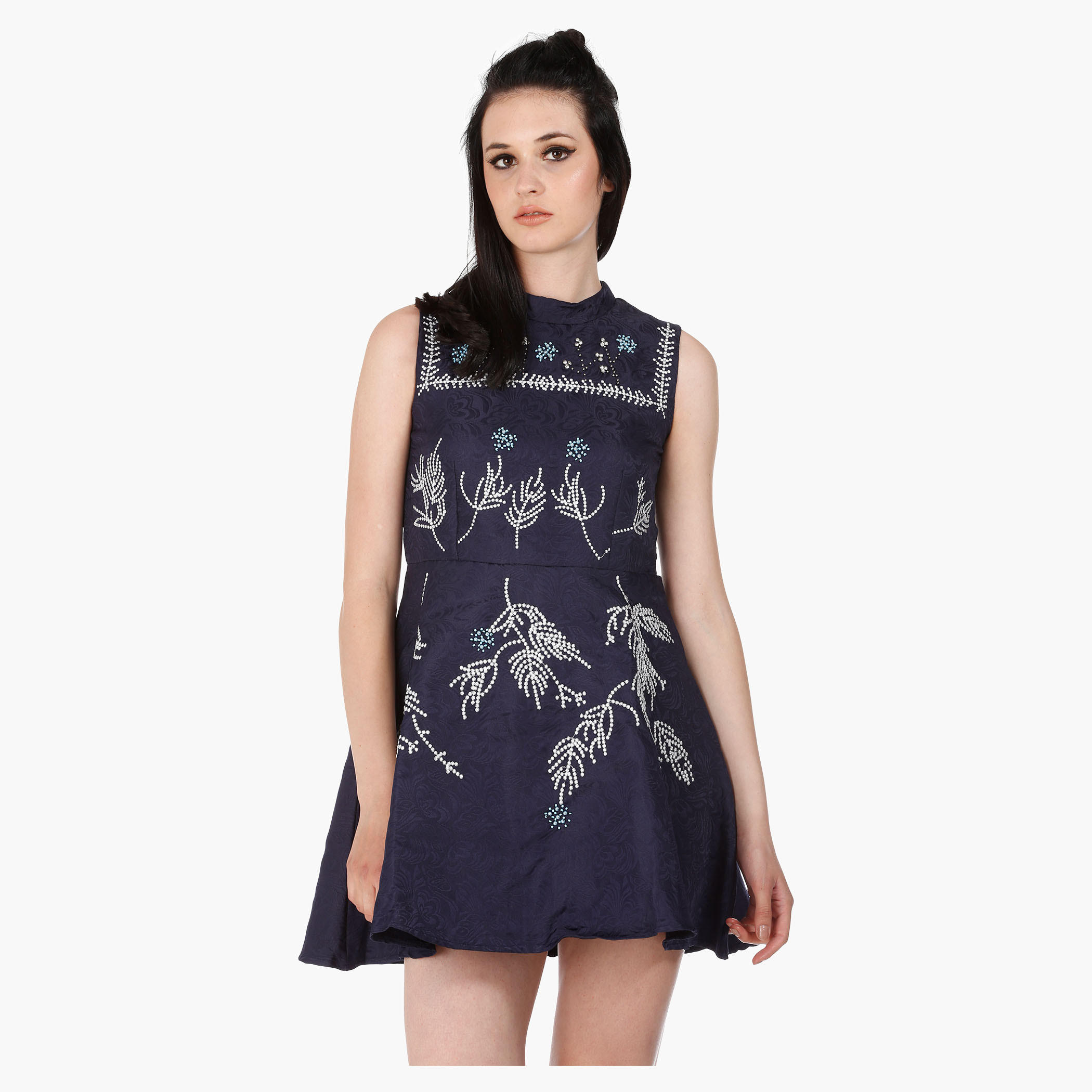 Sleeveless Skater Dress with Jacquard Embroidery in Regular Fit-women-clothing-dresses-image-1
